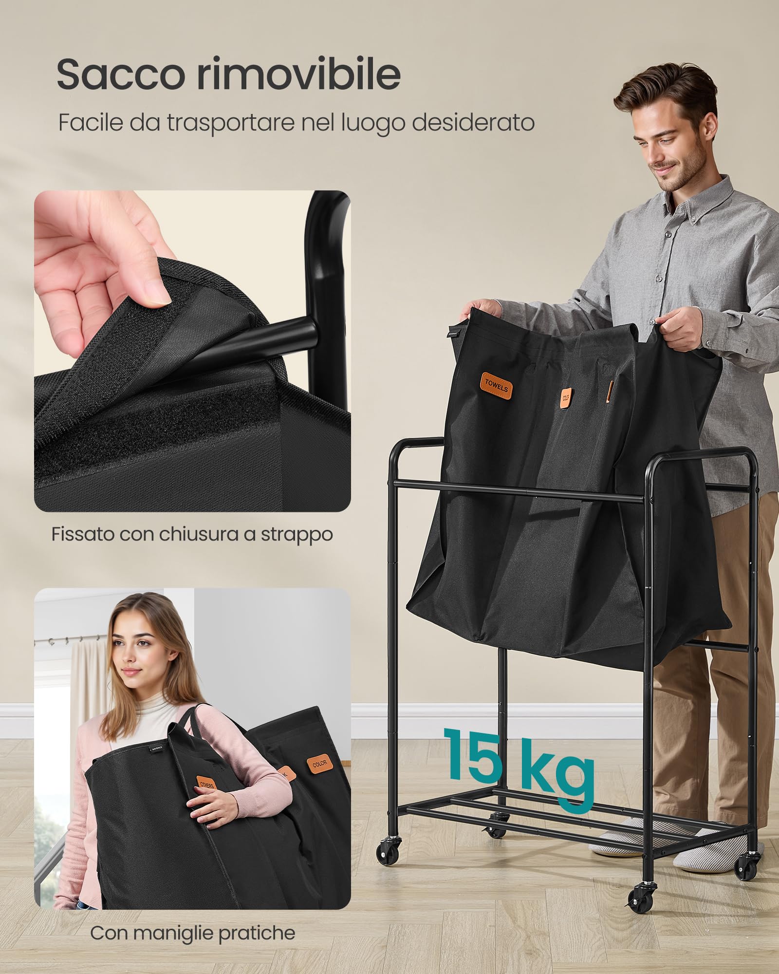 SONGMICS Carrello Portabiancheria, a 3 Scomparti, 170 L, con 5 Etichette | Cesto Porta Biancheria, per Lavanderia, Camera da Letto, Bagno, Nero Inchiostro, Collezione STEVIE RLS330B01