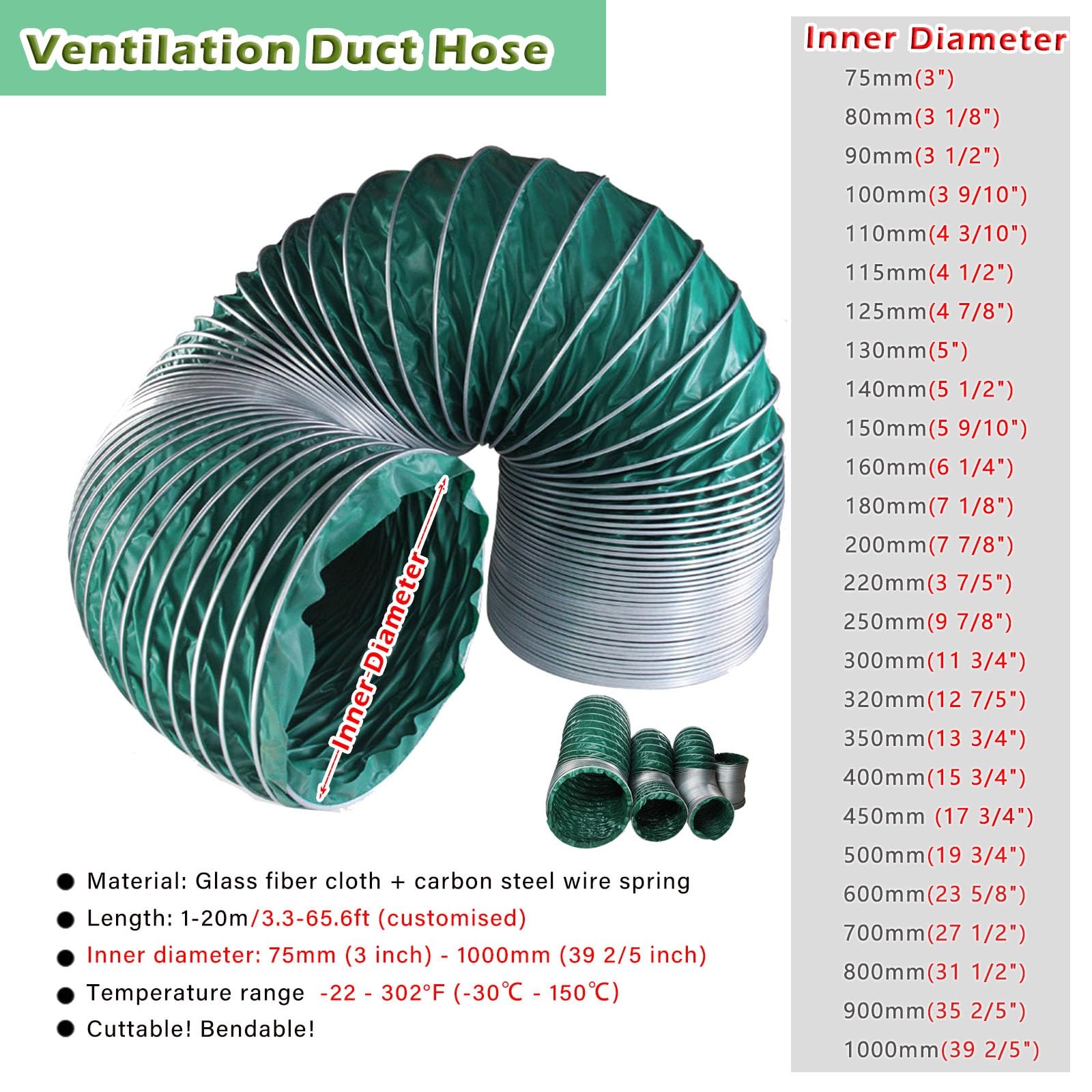 Manguera Flexible Aislante de Alta Temperatura, ventilación ignífuga para talleres mecánicos y secadoras, Kit de ventilación para baño de 8 m/25 pies, 300 mm (11 3/4")