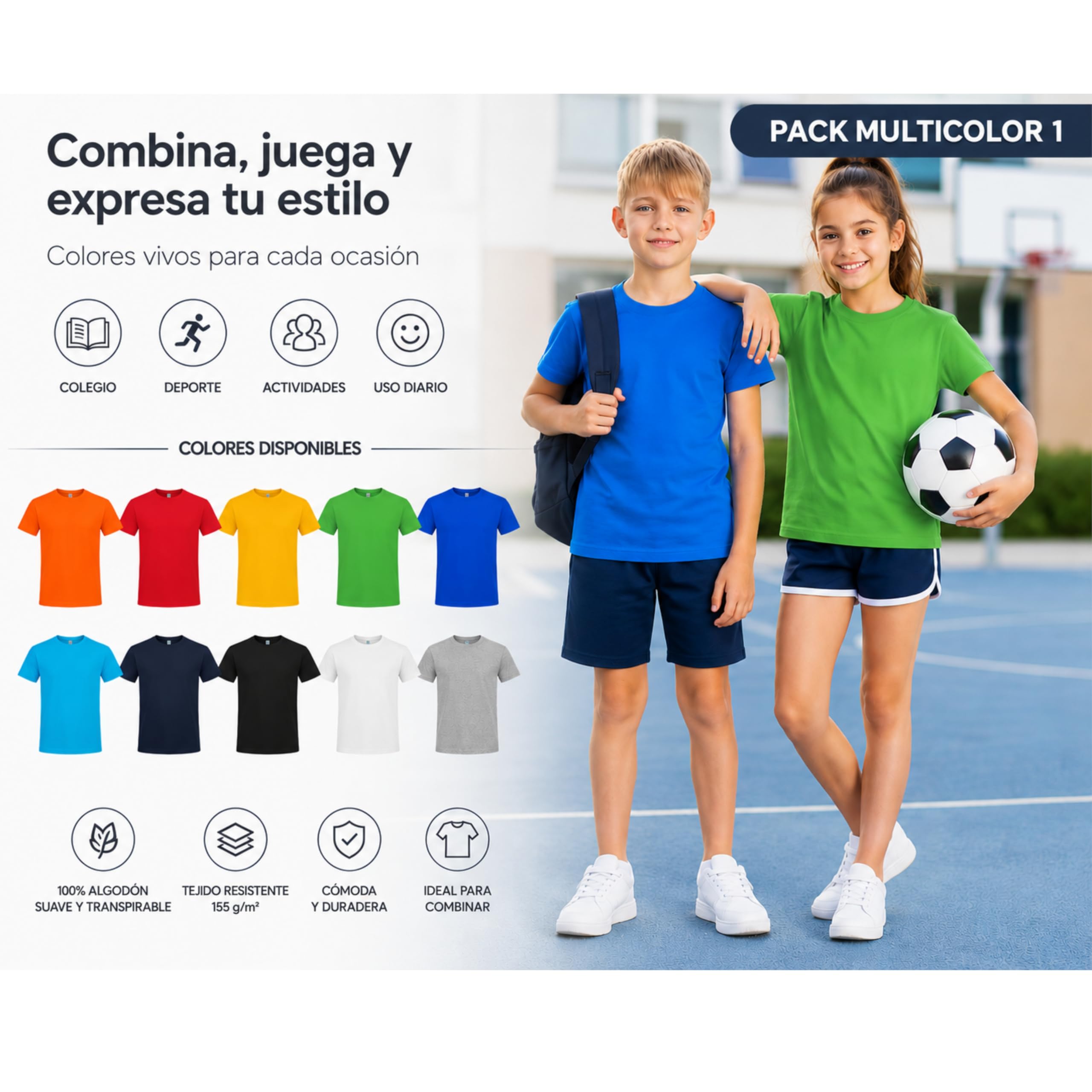 Pack 10 Camisetas Roly Beagle Niño, Manga Corta, 100% Algodón, Multicolor, Cuello Redondo