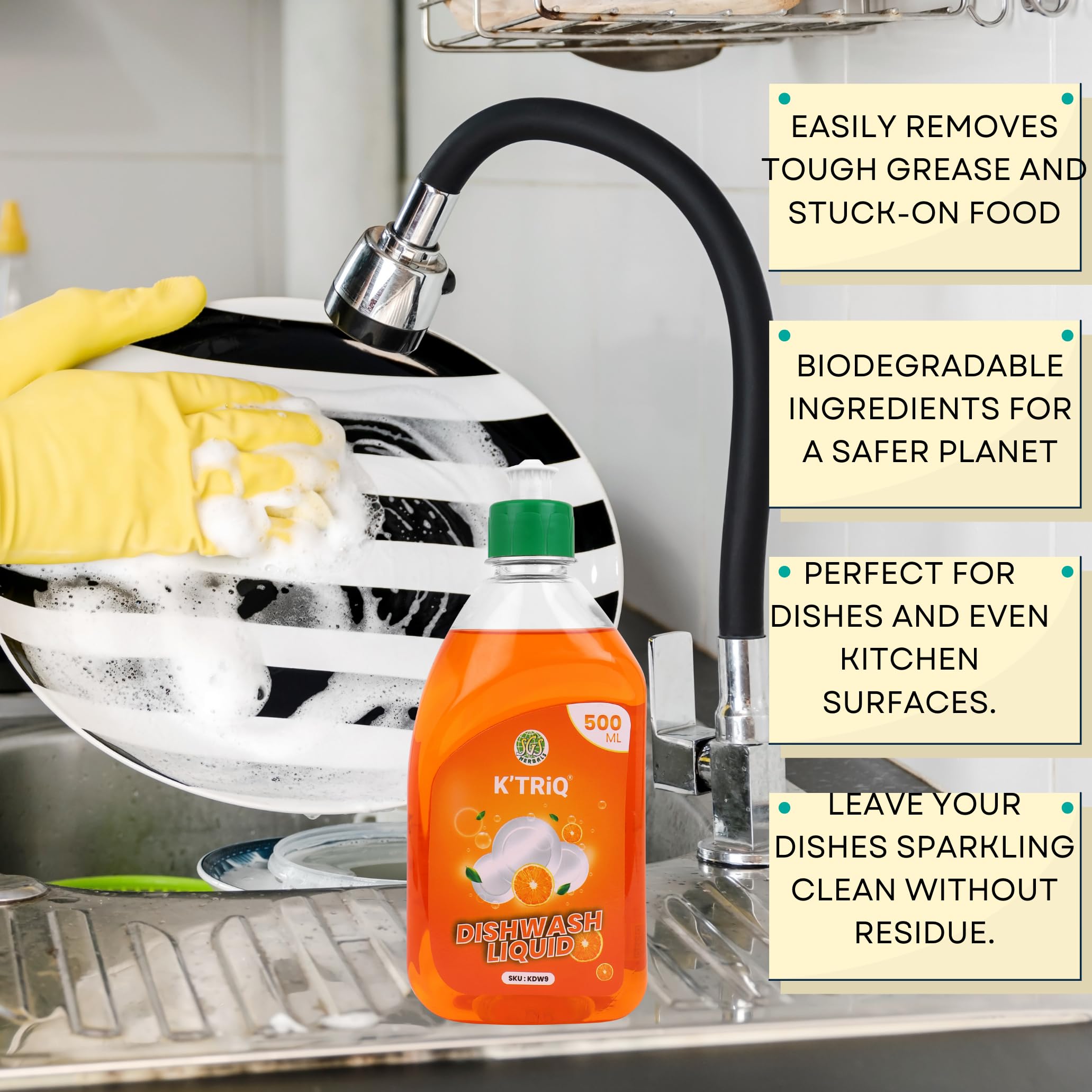 K'TRiQ Dishwash Liquid, Orange Flavour β 500 ml, Powerful Grease Removal, Long-Lasting Freshness, Gentle on Hands, Eco-Friendly Formula 1
