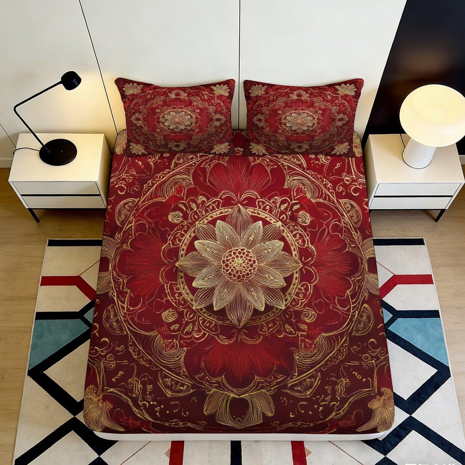 3D Printed Mandala Fitted Sheet Microfiber Elastic Hem Non-Slip Mandala Mattress Fitted Cover Deep Pocket Bedroom 200x200x25cm
