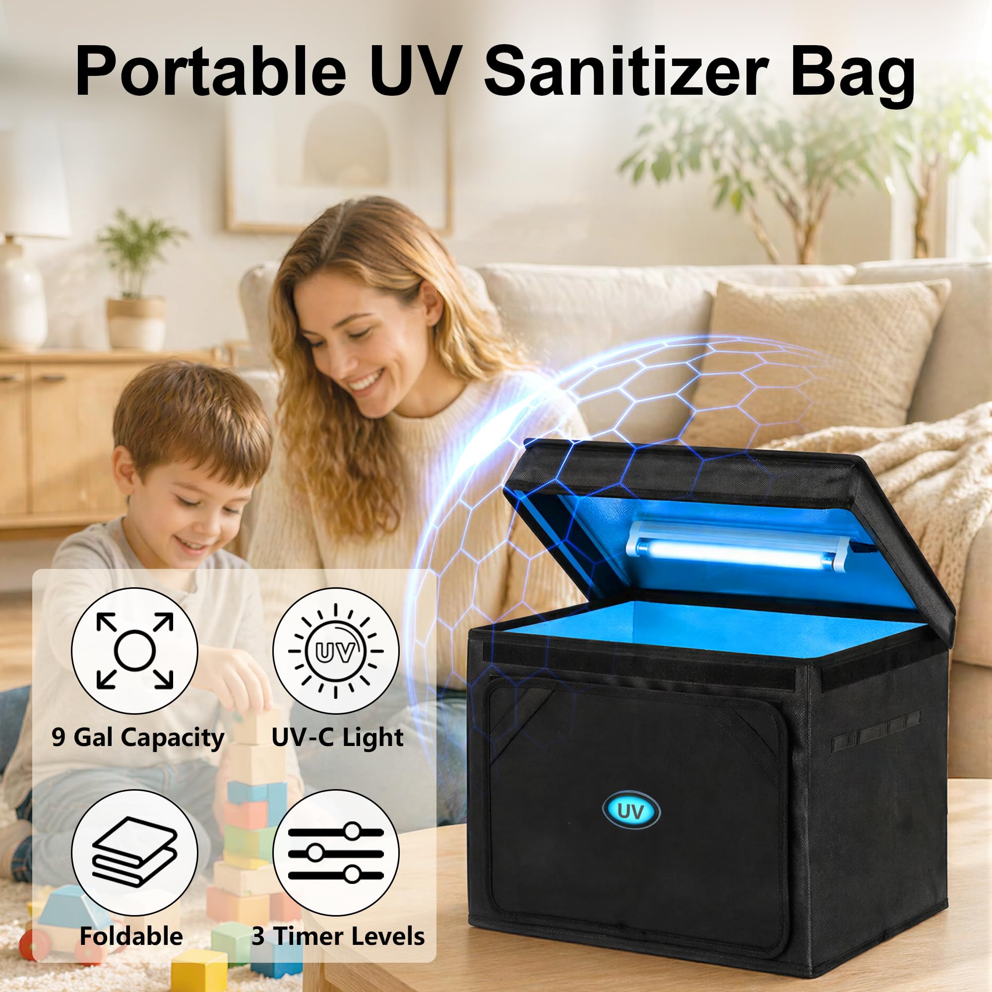 Caja desinfectante UV grande, máquina de desinfección y limpieza portátil de 36 litros con temporizador de 3 niveles, caja de limpieza UV plegable para uso doméstico como teléfono, toalla