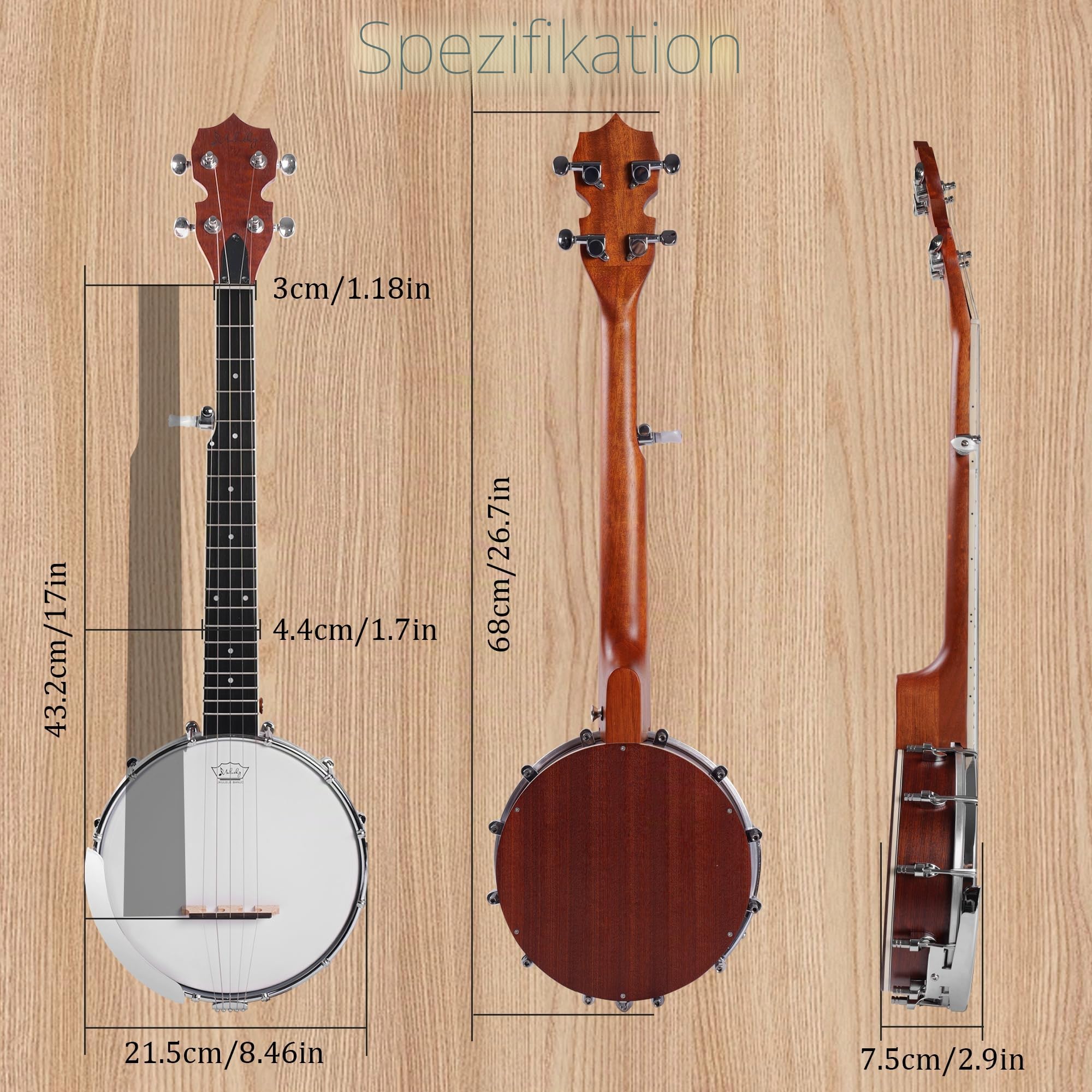 5-saitiges Banjo Mini – Mulucky 26 Zoll Reisebanjo, Korpus aus Sapele, geschlossene massive Rückseite, Anfängerset mit Gigbag, Plektren, Saiten, Gurt – B806