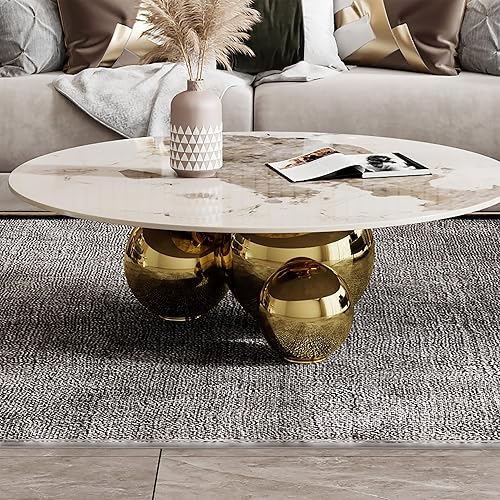 Vista 7 de Mesa de centro redonda moderna de mármol, parte superior de aspecto de mármol de 39.4 pulgadas con base de bola dorada, mesa central para sala
