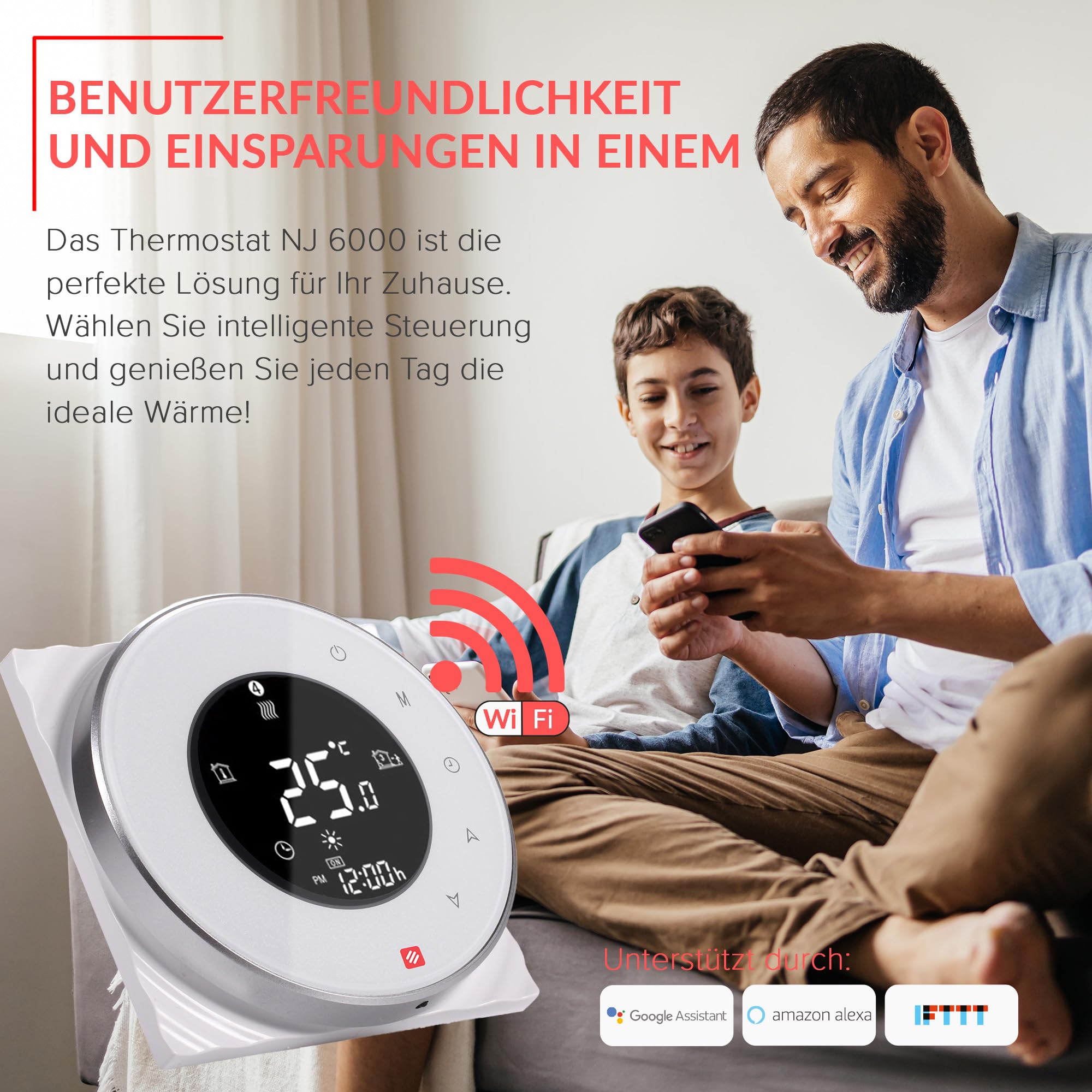 DREAM HEAT Inteligentny termostat, okrągły wyświetlacz dotykowy, sterowanie Wi-Fi, programowalne tryby, kompatybilny z Amazon Echo, Google Home