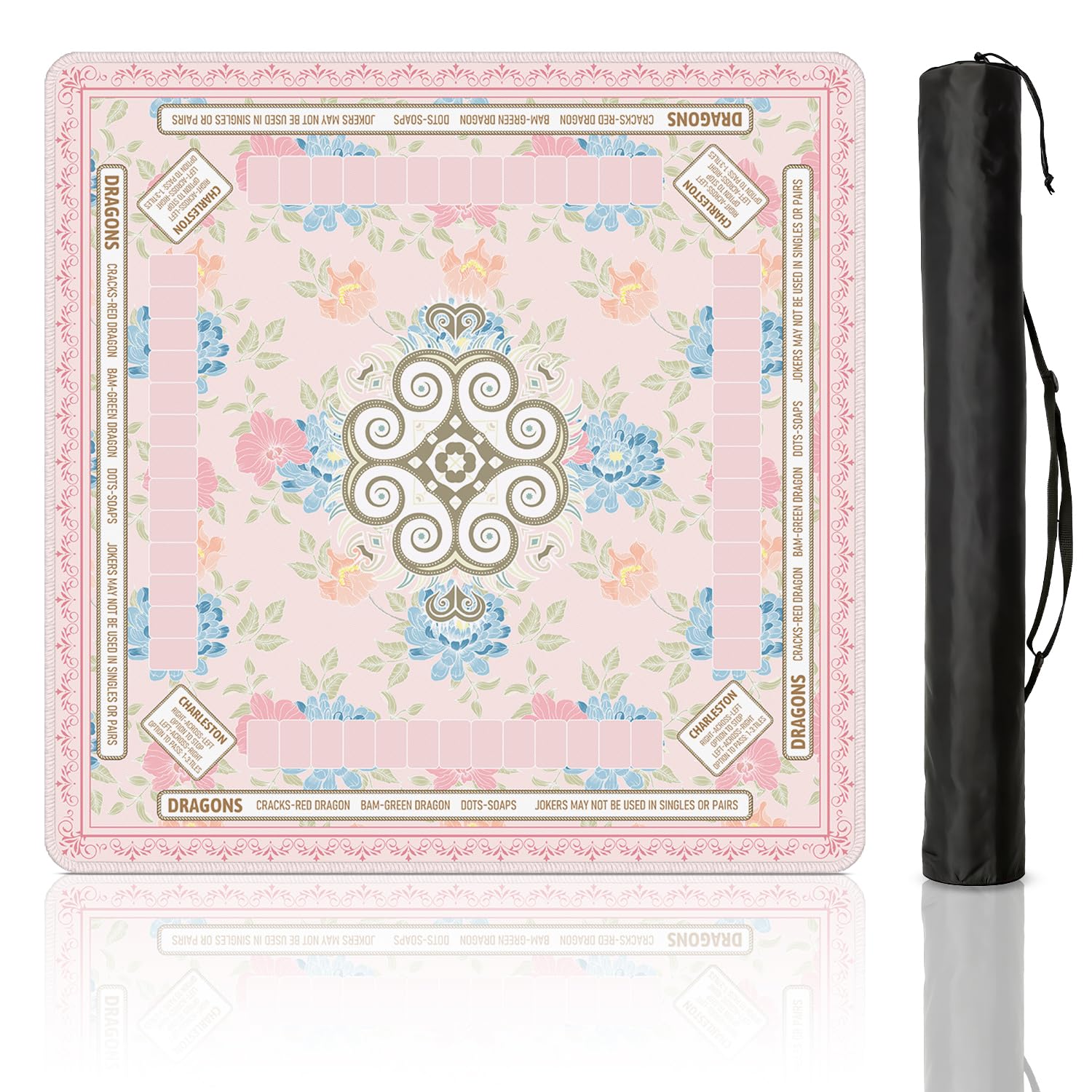 Tapis de Mahjong à fleurs roses et bleues pour réduction du bruit de table, tapis de table de Mahjong antidérapant 83 x 83 cm avec sac de transport, adapté pour mahjong, poker, jeux de société