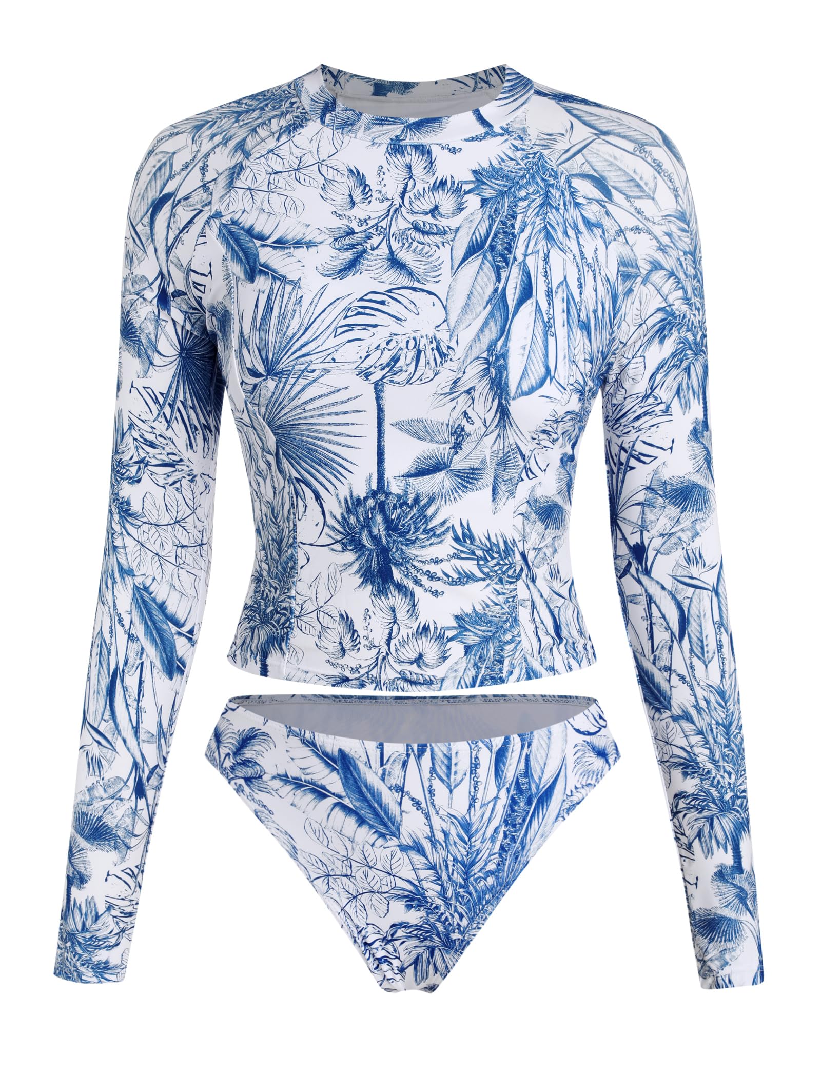 Photo 1 of ZAFUL Womens Rash Guard Swimsuits Long Sleeve Sun Protection Bathing Suit Tropical Swim Shirts with Briefs White M