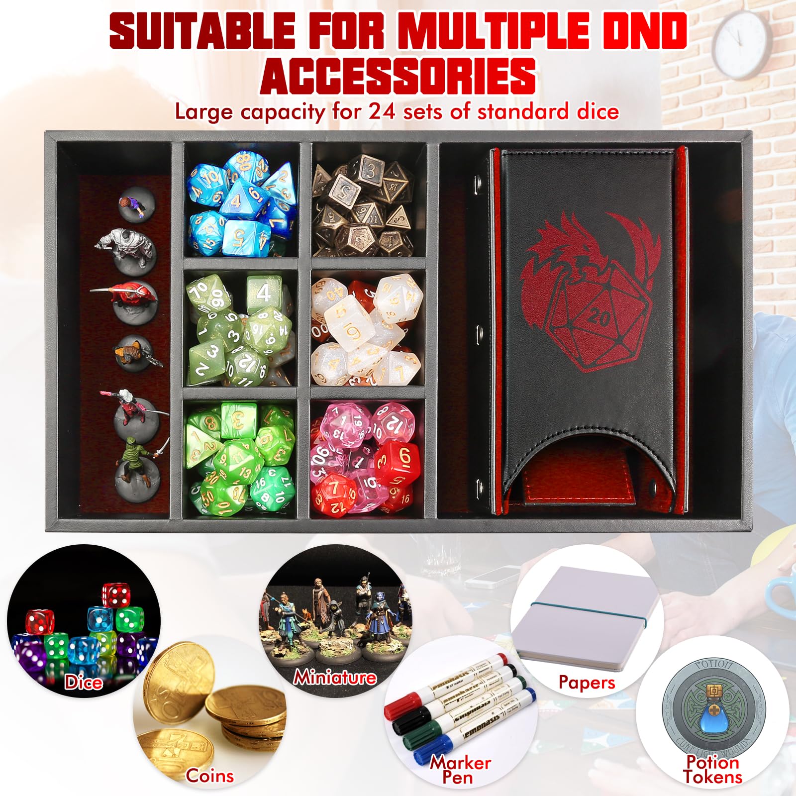 Grajar Plateau à dés DND et tour à dés avec rangement, plateau à rouler à dés 3 en 1 avec couvercle, boîte de rangement portable, support de dés DND pour jeux de table Donjons et Dragons D&D RPG MTG