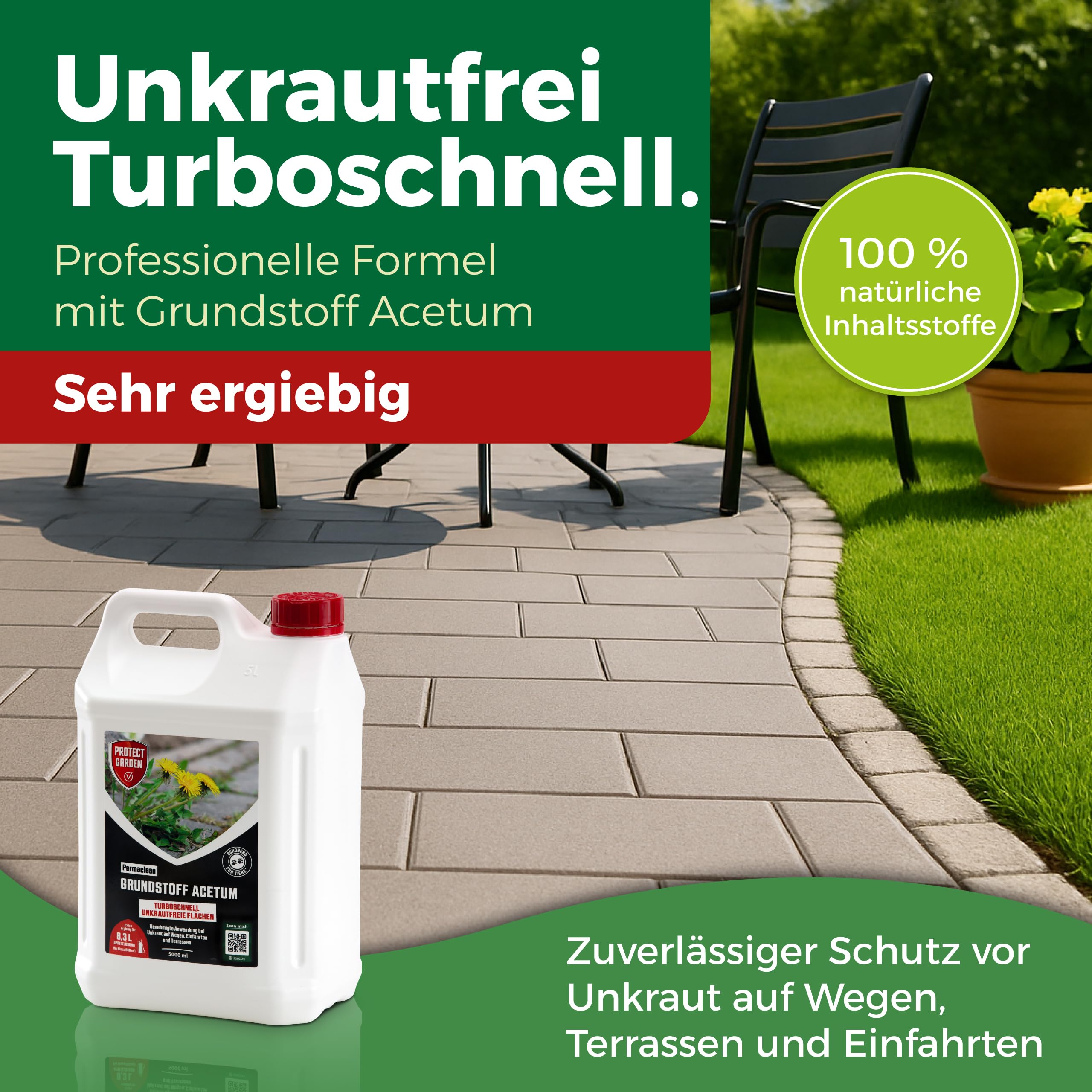 PROTECT GARDEN Permaclean Grundstoff Acetum, turboschnelle Beseitigung von Unkraut auf Wegen, Plätzen und Terrassen, 5 Liter Kanister
