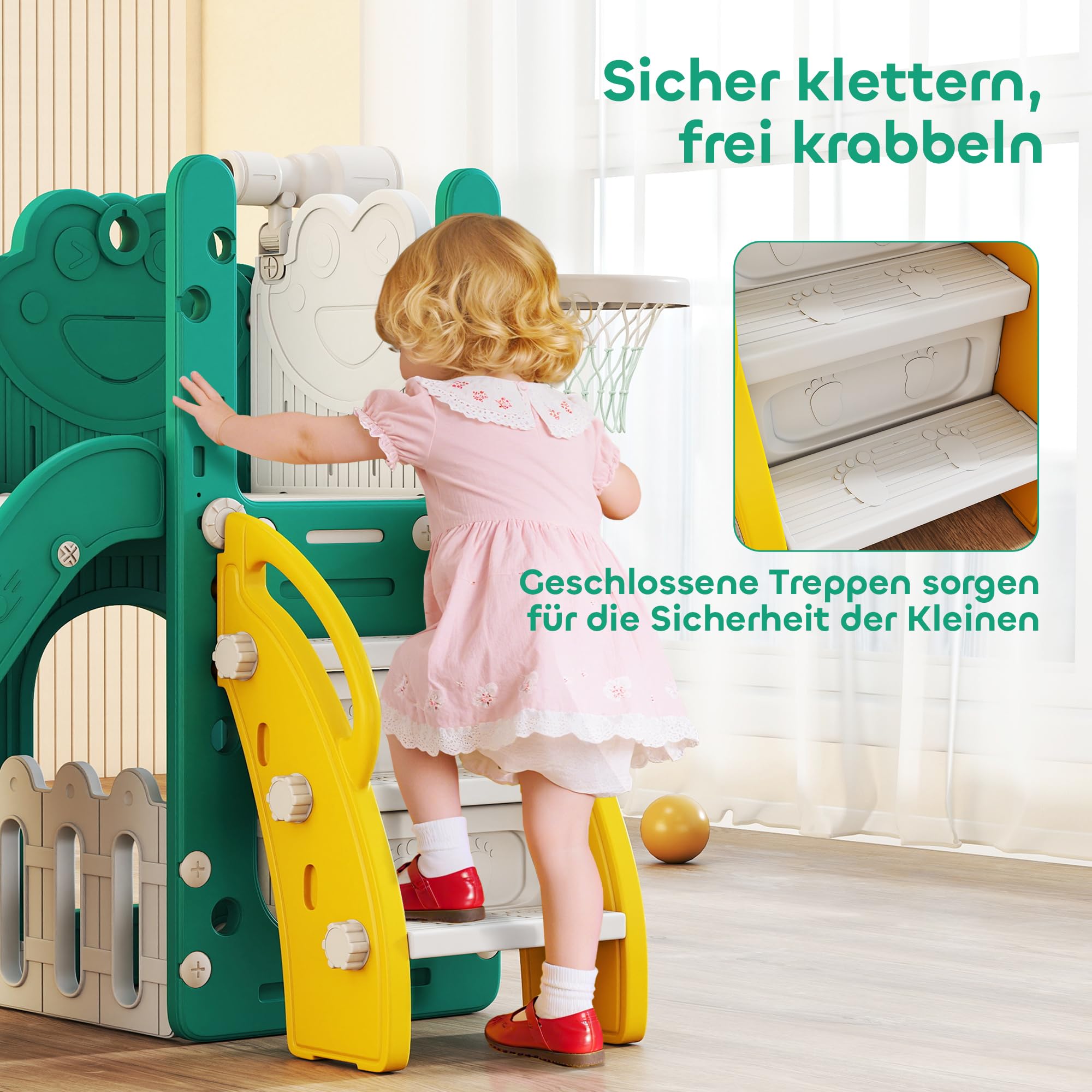 AIYAPLAY Kinderrutsche 5 in 1 Indoor und Outdoor Babyrutsche mit Basketballkorb, Klettergerüst, Spielteleskope, Stauraum, Frosch-Motiv Spielplatz für Kleinkinder 1-3 Jahre, Gelb