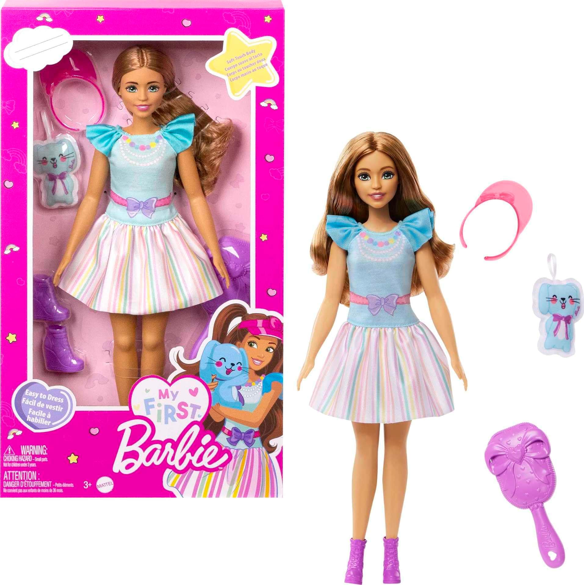 Barbie Doll for Preschoolers, Brunette, My First Teresa Doll, Kids Toys and Gifts, Plush Bunny, Accessories, Soft Poseable Body, HLL21