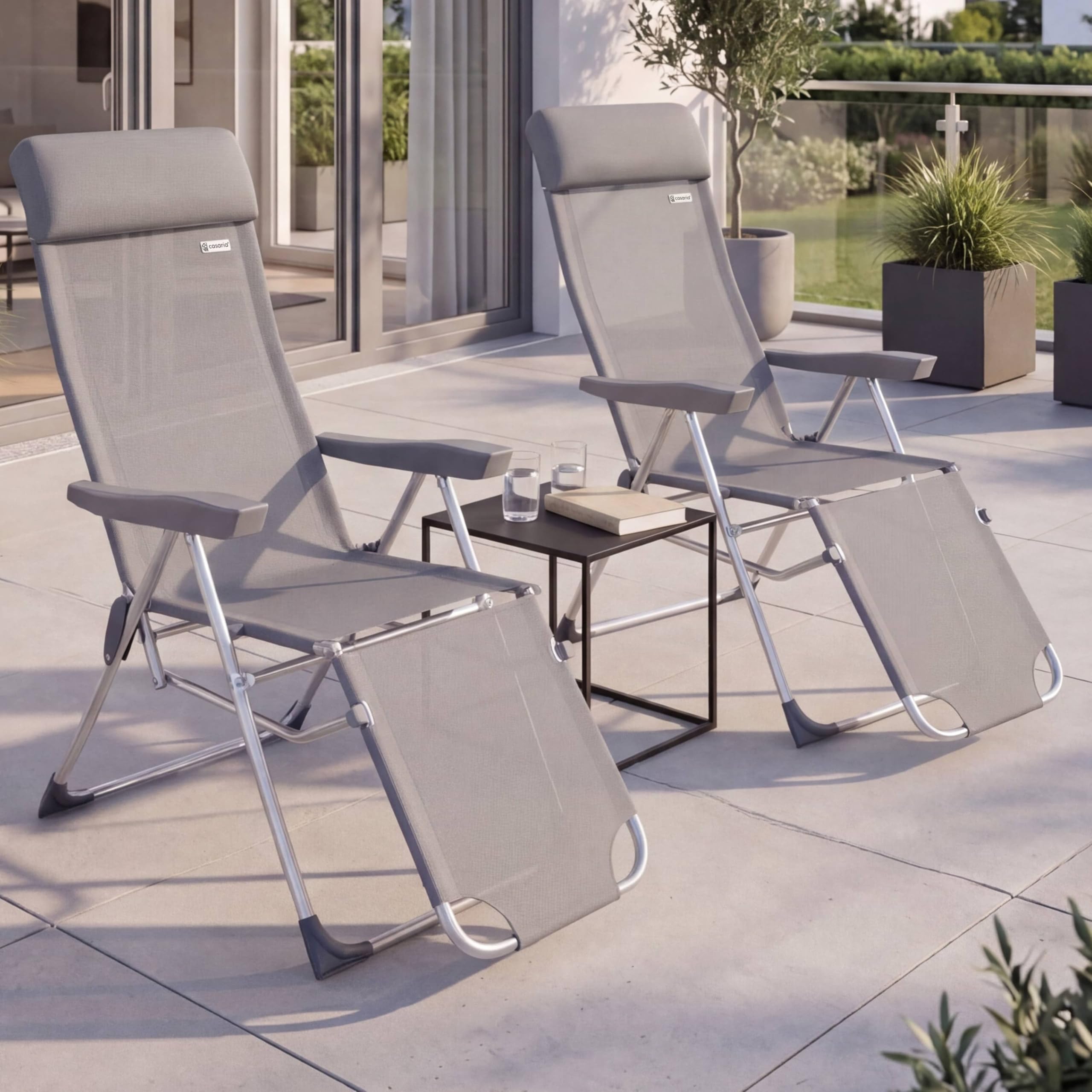 Casaria® Gartenstuhl mit Fußteil 2er Set 6fach Verstellbar Liegefunktion Alu Faltbar Klappbar Hohe Rückenlehne Campingstuhl Klappstuhl Hochlehner Grau