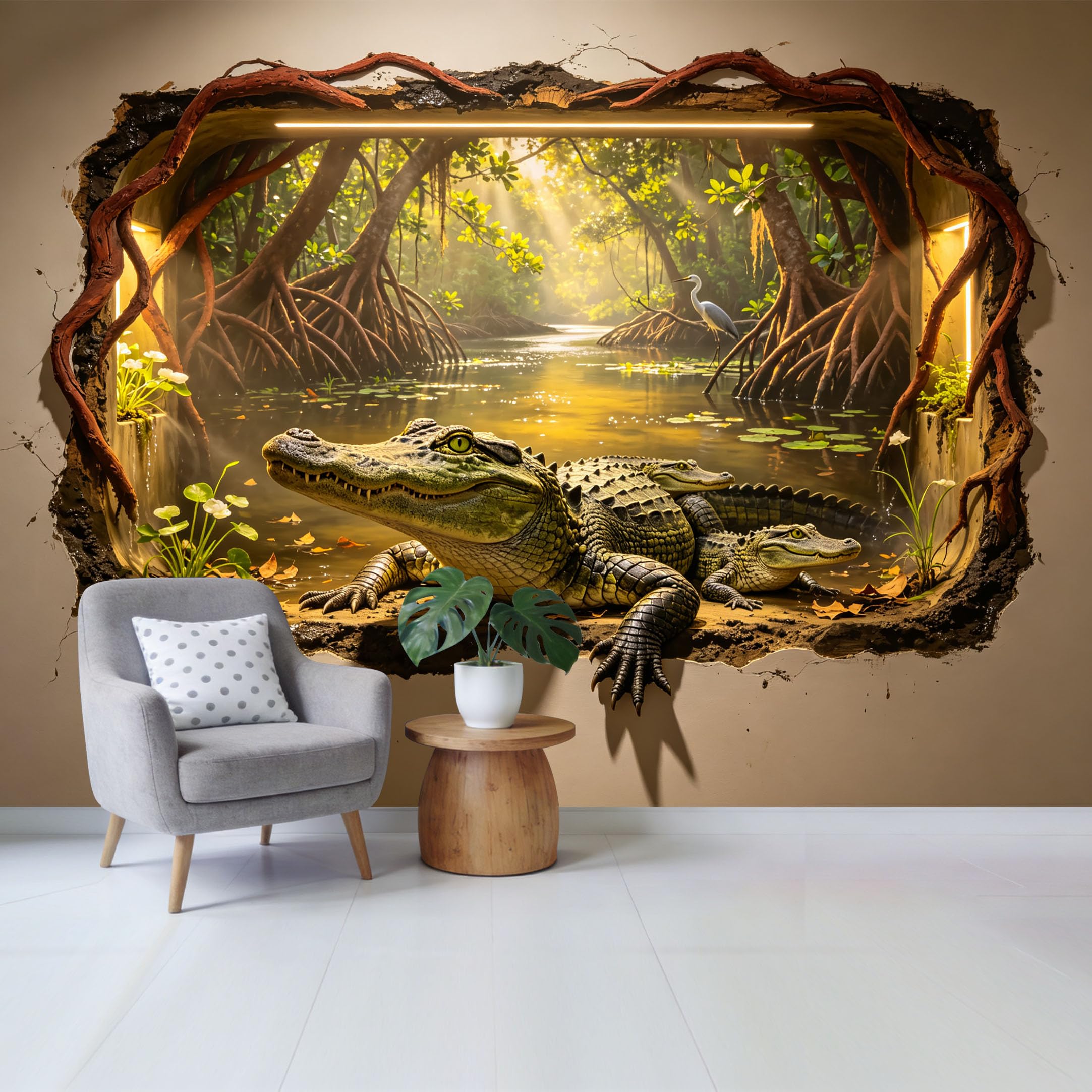 Custom Size Wall Mural 3D Alligator Jungle River Scene Trompe L'Oeil Tropical Forest Removable Self Adhesive Fabric Home Wall Decor for Living Room Bedroom Bathroom