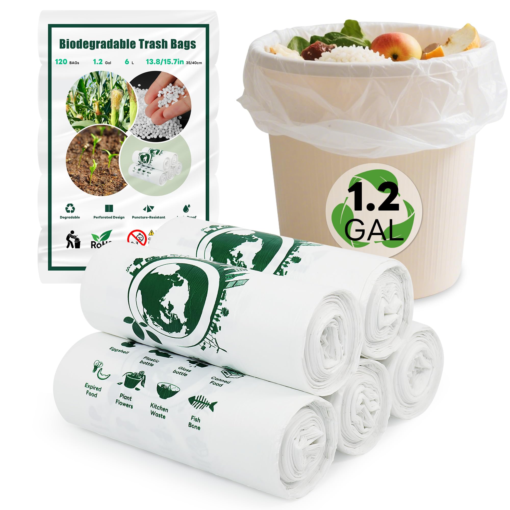 Sacchetti biodegradabili per bidoni da 120 pezzi, 5 litri, rifiuti  alimentari, sacchetti per spazzatura, 100% riciclati, resistenti,  degradabili, per alimenti per uso domestico : Amazon.it: Salute e cura  della persona