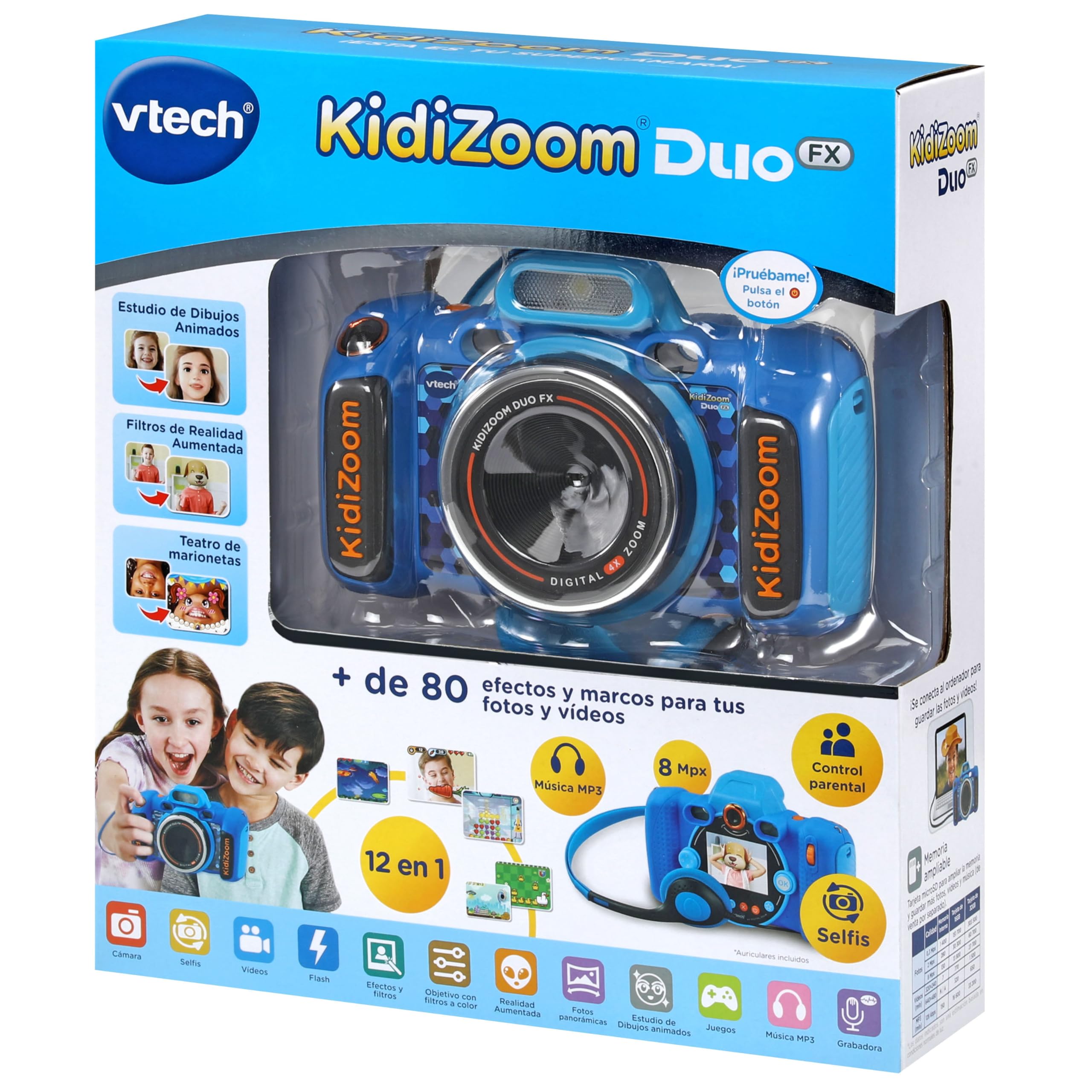 VTech - Kidizoom Duo FX blu, fotocamera per bambini, selfie, video, schermo a colori, studio di fumetti, filtri ed effetti divertenti, regalo per bambini dai 4 ai 12 anni, contenuto spagnolo