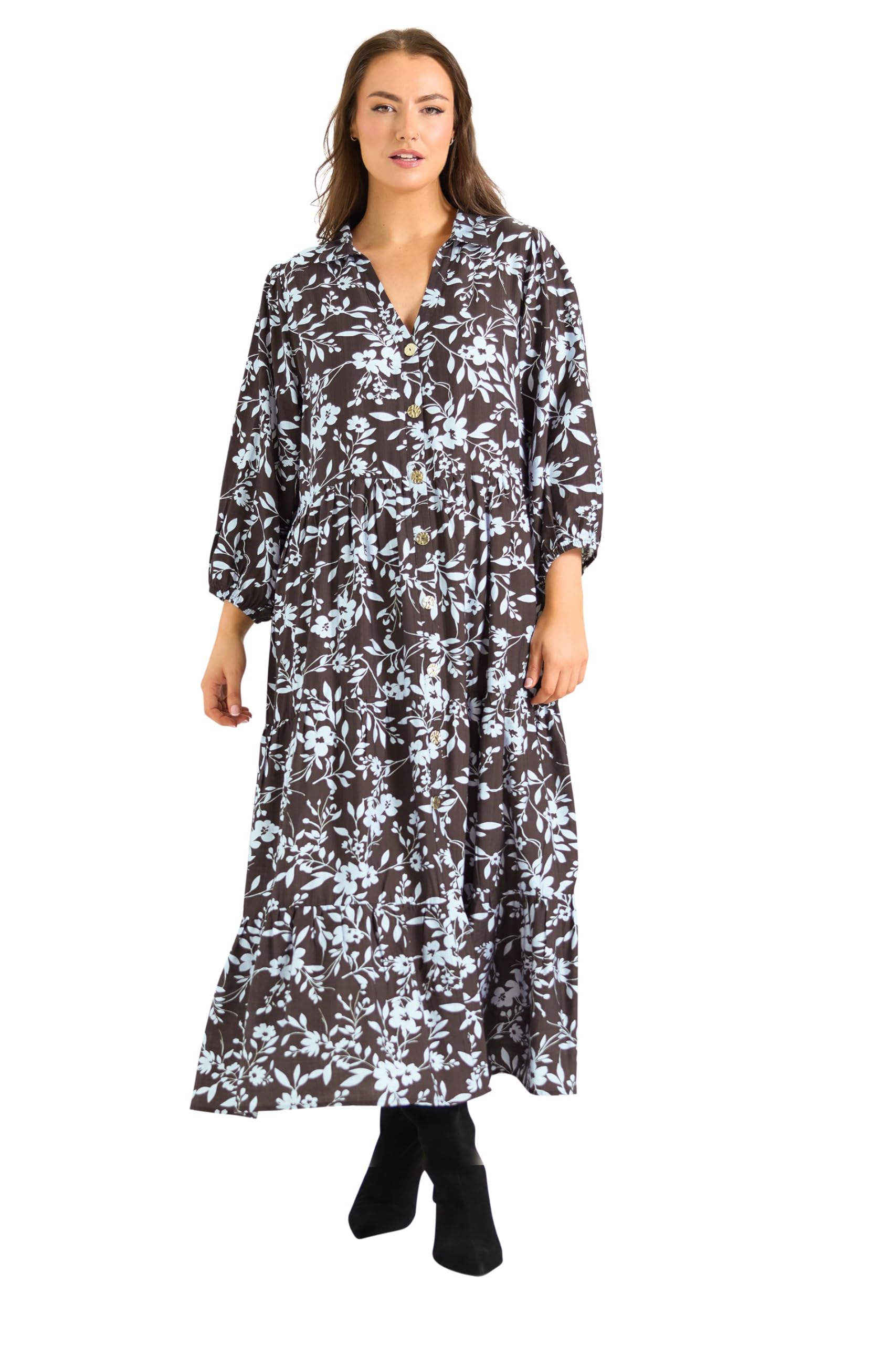 Evans Women's Chocolate Curve Brown Floral Tiered Maxi Dress - Plus Size Curve