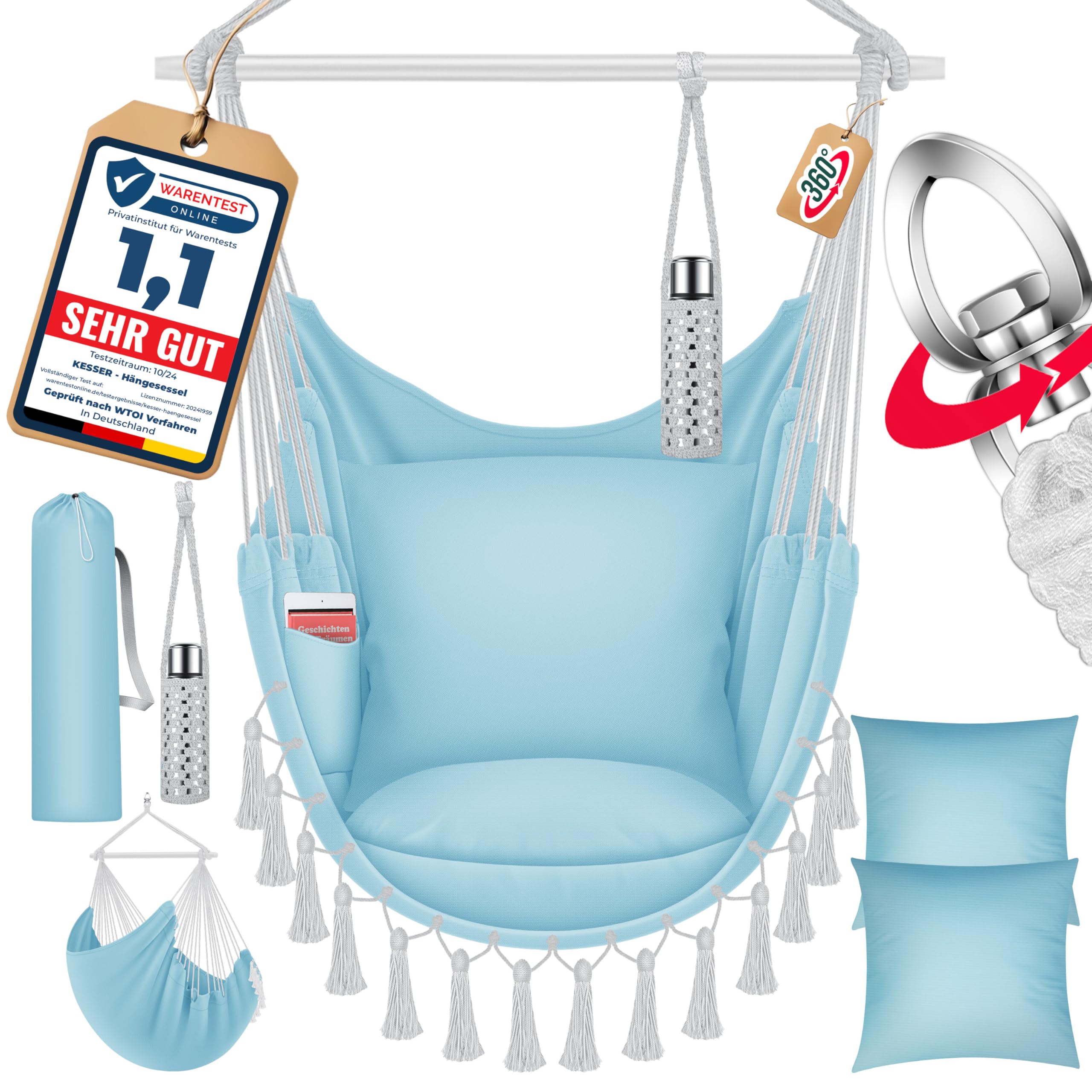 KESSER® Hängesessel Safari XXL Hängestuhl für Erwachsene & Kinder Hängematte bis 150 kg Hängesitz Aufhängung Indoor-Outdoor-Wohnen Inkl. Tragetasche, 2 Kissen, Getränkehalter & Bücherfach, Hellblau Garten