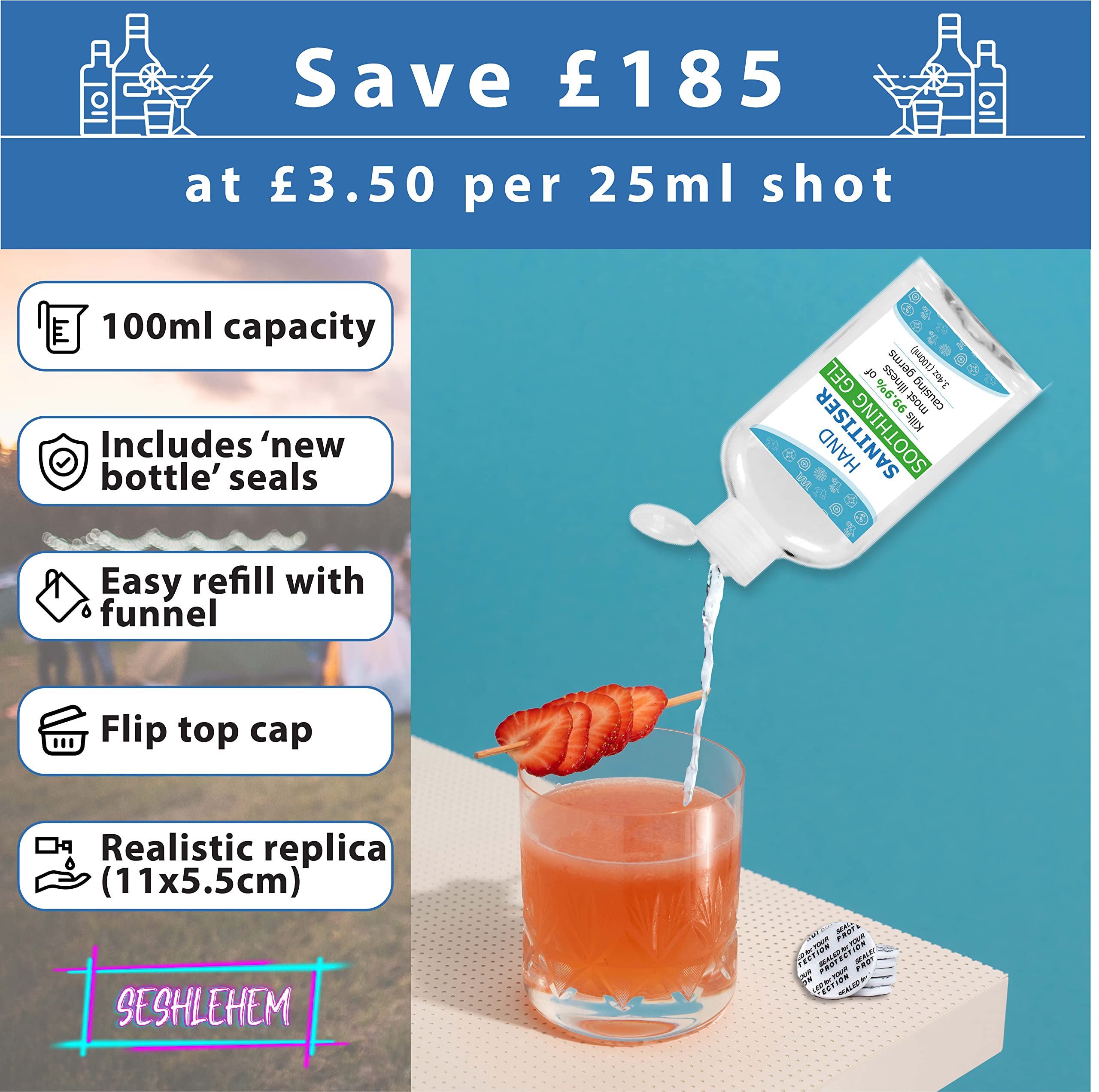 Set di 7 fiaschette segrete – crema solare + disinfettante per le mani + sacchetti – 1330 ml – sacchetti per bevande per festival – Sneak Alcohol Anywhere – Marchio con sede nel Regno Unito