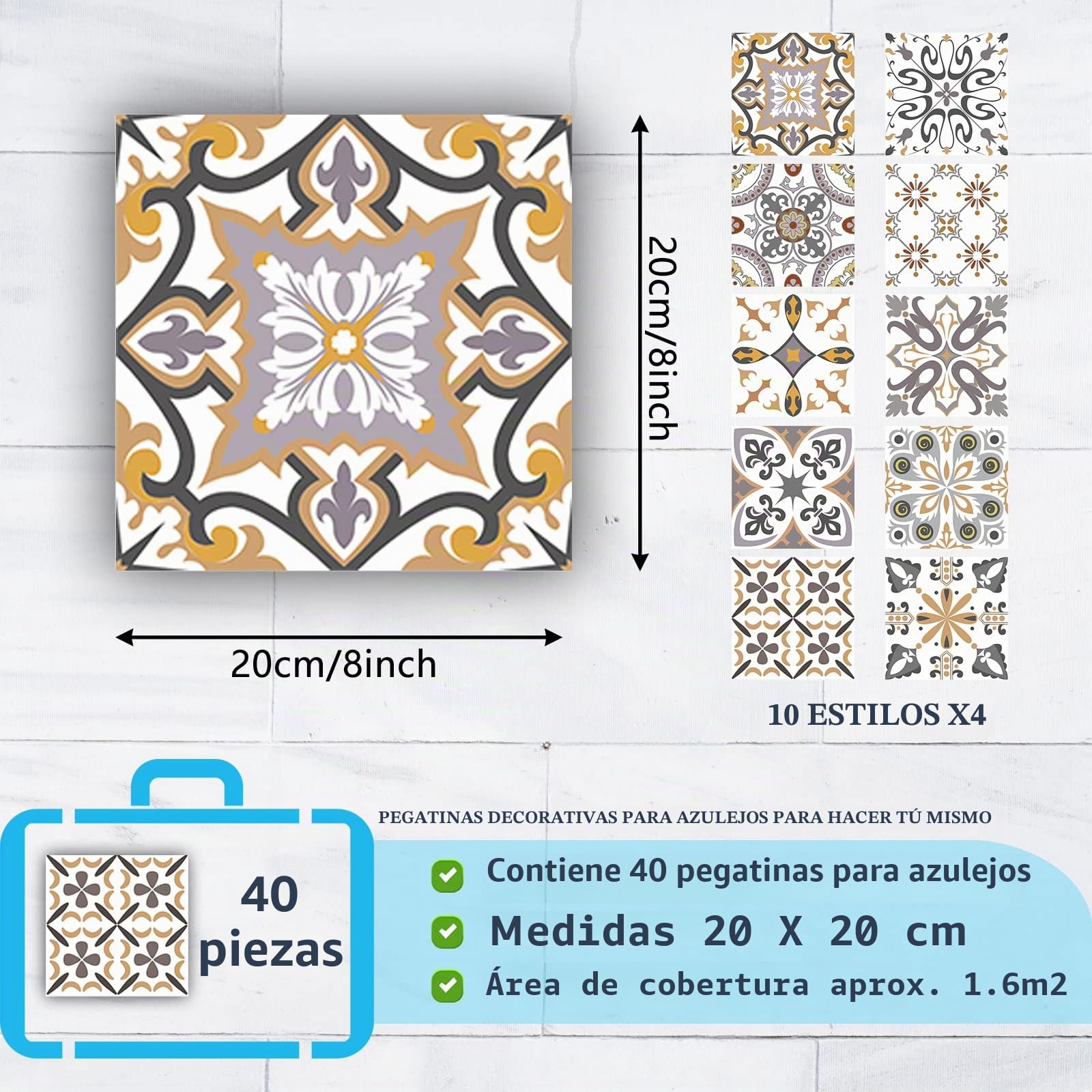 Adhesivos para azulejos de mosaico impermeable PVC autoadhesivo decoración adhesivos para azulejos simples estilo Marruecos, paredes adhesivas DIY (40,20 x 20 cm)