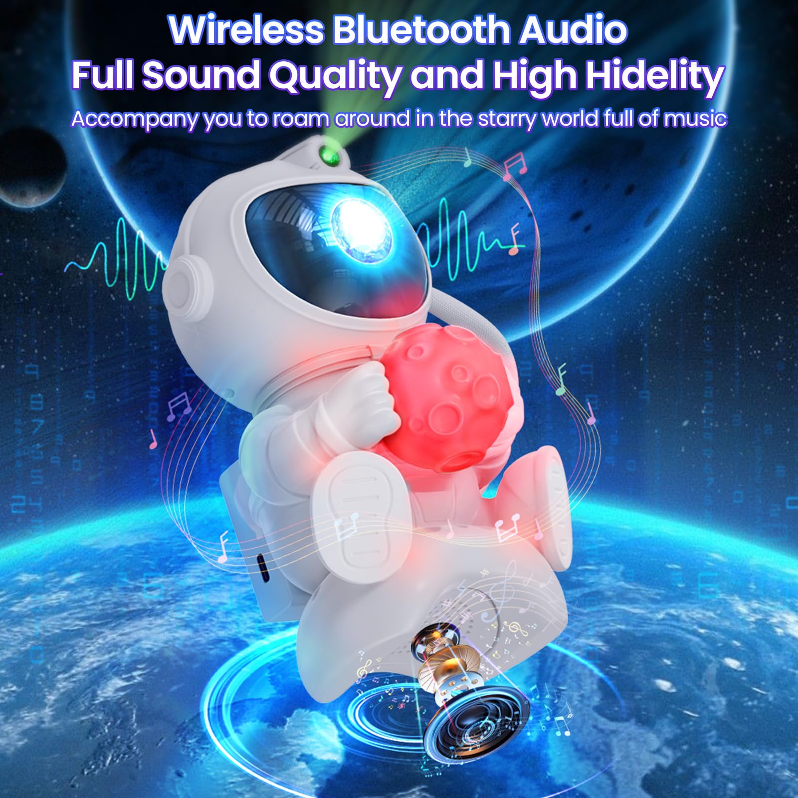 PKBD Haut-Parleur Bluetooth Intégré Astronaute Projecteur Ciel Étoile 8 Effets Nébuleuse LED Chambre Veilleuse Lampe Enfant Décoration Galaxie Projection Plafond Ambiant Lumineux- Lune