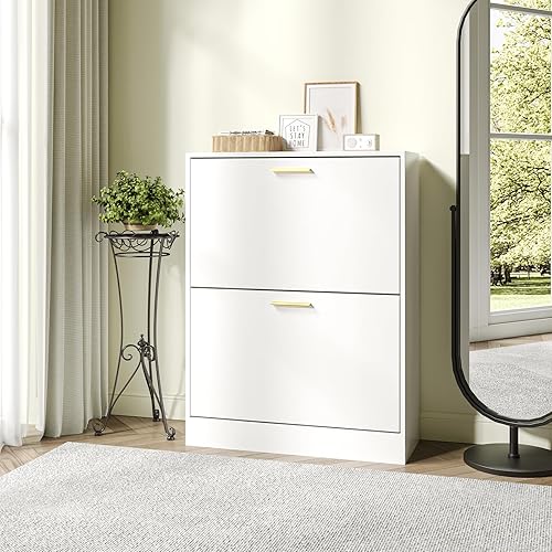 Miniatura 4 de JOZZBY Zapatero de almacenamiento para entrada, organizador de zapatos delgado y estrecho independiente con 2 cajones abatibles, zapatero de madera