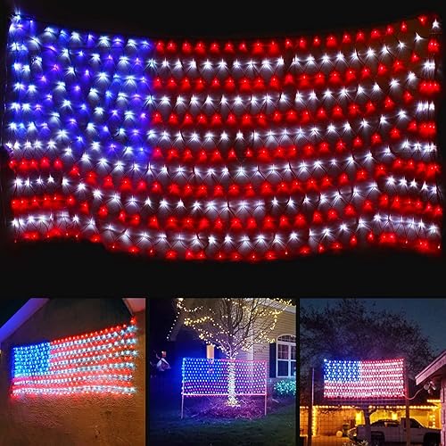 Luces de bandera estadounidense de tamaño súper grande, luces patrióticas del 4 de julio con 420 LED ultra brillantes, luz de red de bandera LED