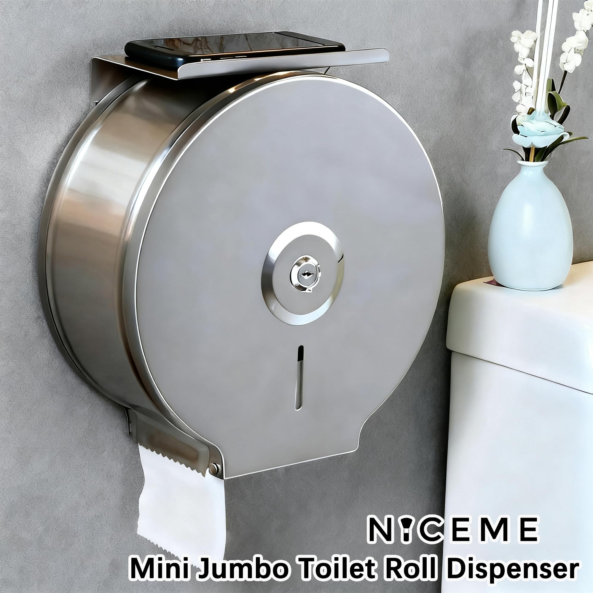 NICEME Dispenser carta igienica commerciali, Funzione di blocco, Distributore industriale medio di rotoli, Diametro 255mm Mandrino 40mm, Argento