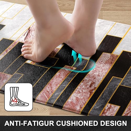 Miniatura 6 de Likiyol Juego de 2 alfombras de cocina de mármol, color rosa y negro, antideslizantes, lavables, acolchadas, antifatiga, cómodas, para cocina,