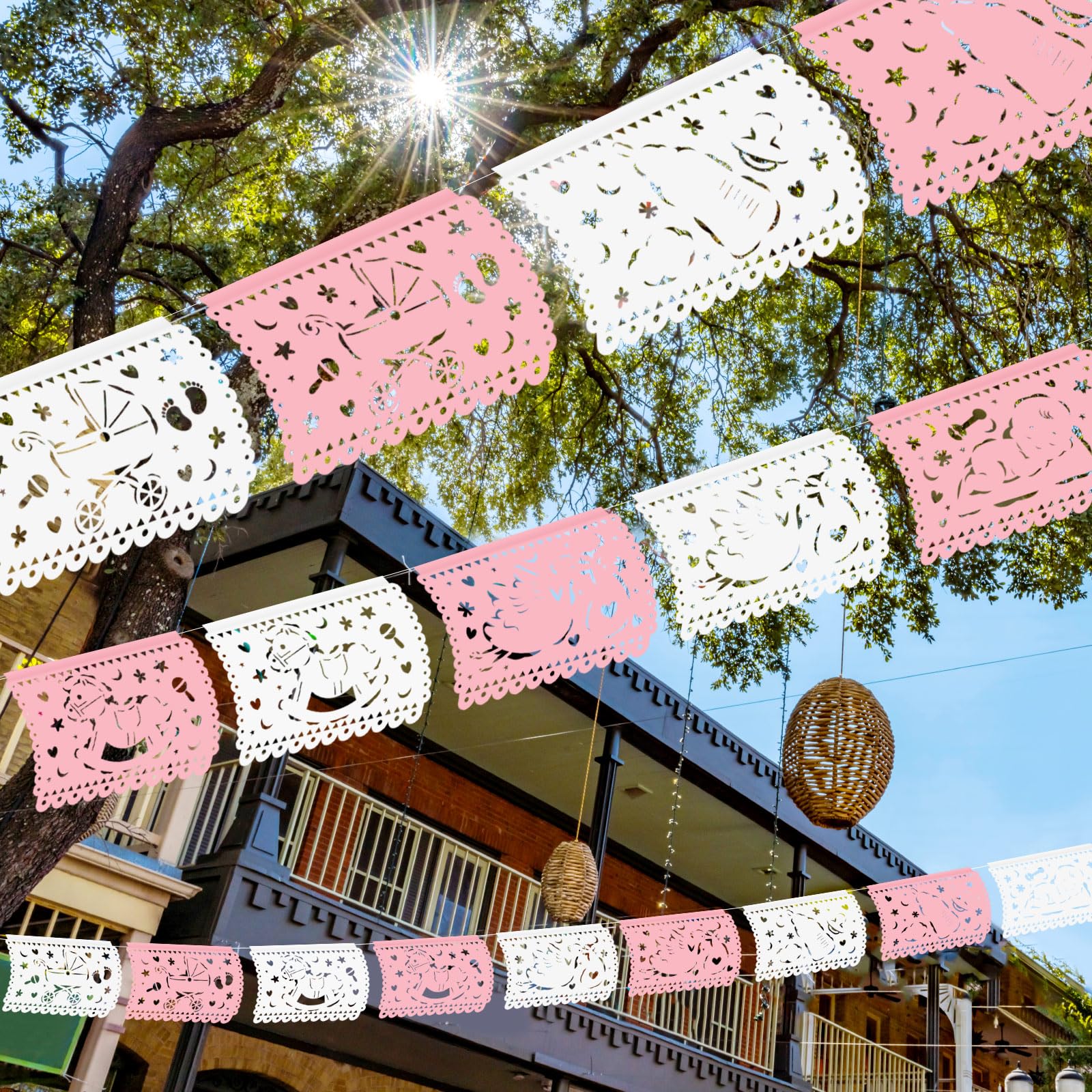 Epakh Confezione da 5 striscioni Papel Picado per baby shower Cielito Lindo Baby Shower Decorazioni da appendere Fiesta Papel Picado Ghirlanda di carta con cavallo a dondolo Baby Bottle Heart Design