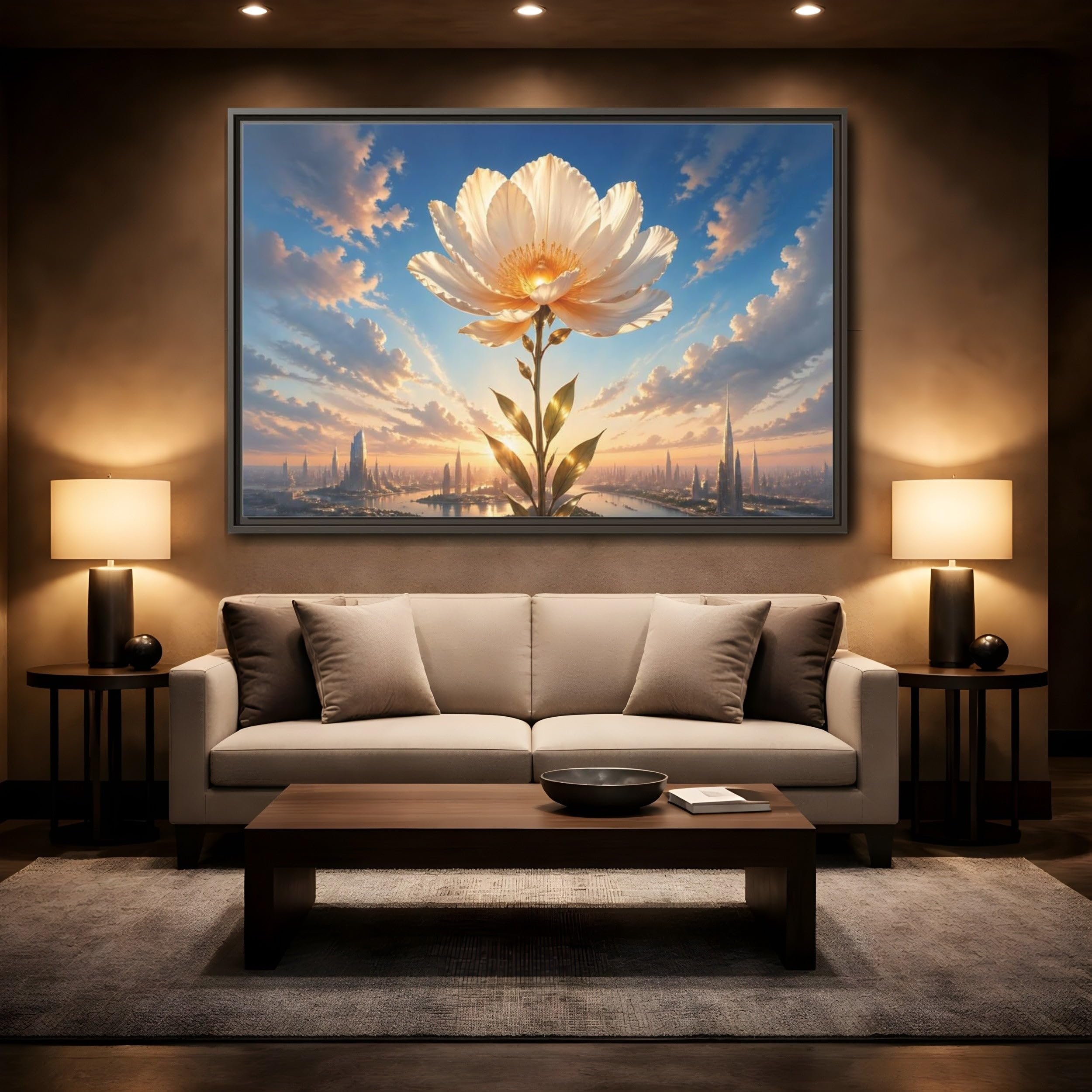 Science Fiction Golden Flower White and Framed Canvas Wall Art - Living Room Decor, Above Couch 24×16 inch (60×40 cm) - Horizontal/Black / 1.25 inch (3 cm)