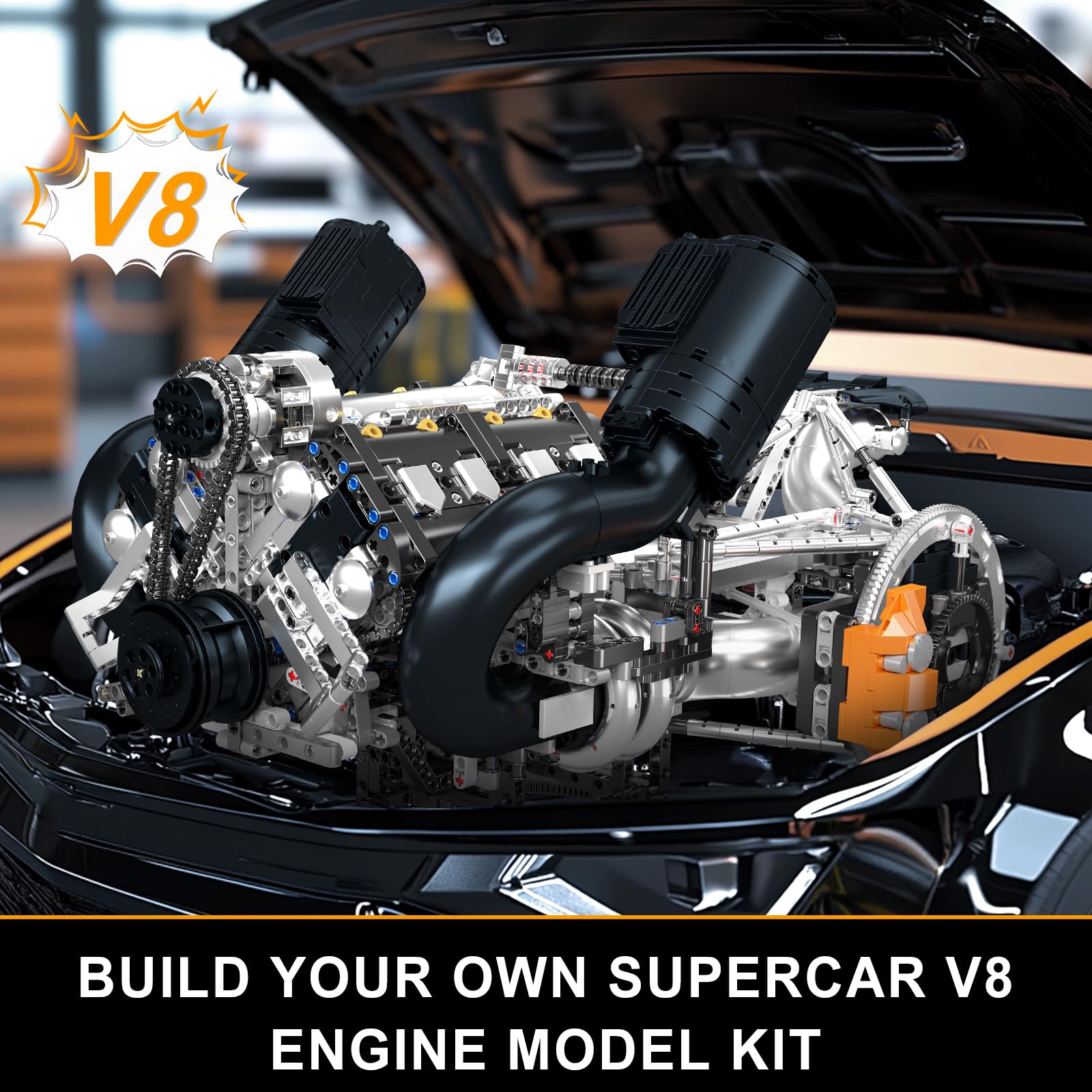 Mould King 10248 Techniczny Silnik V8 – Zestaw klocków konstrukcyjnych 3192 elementy, Model statyczny Twin Turbo, Edukacyjny zestaw STEM dla młodzieży i dorosłych (14+)
