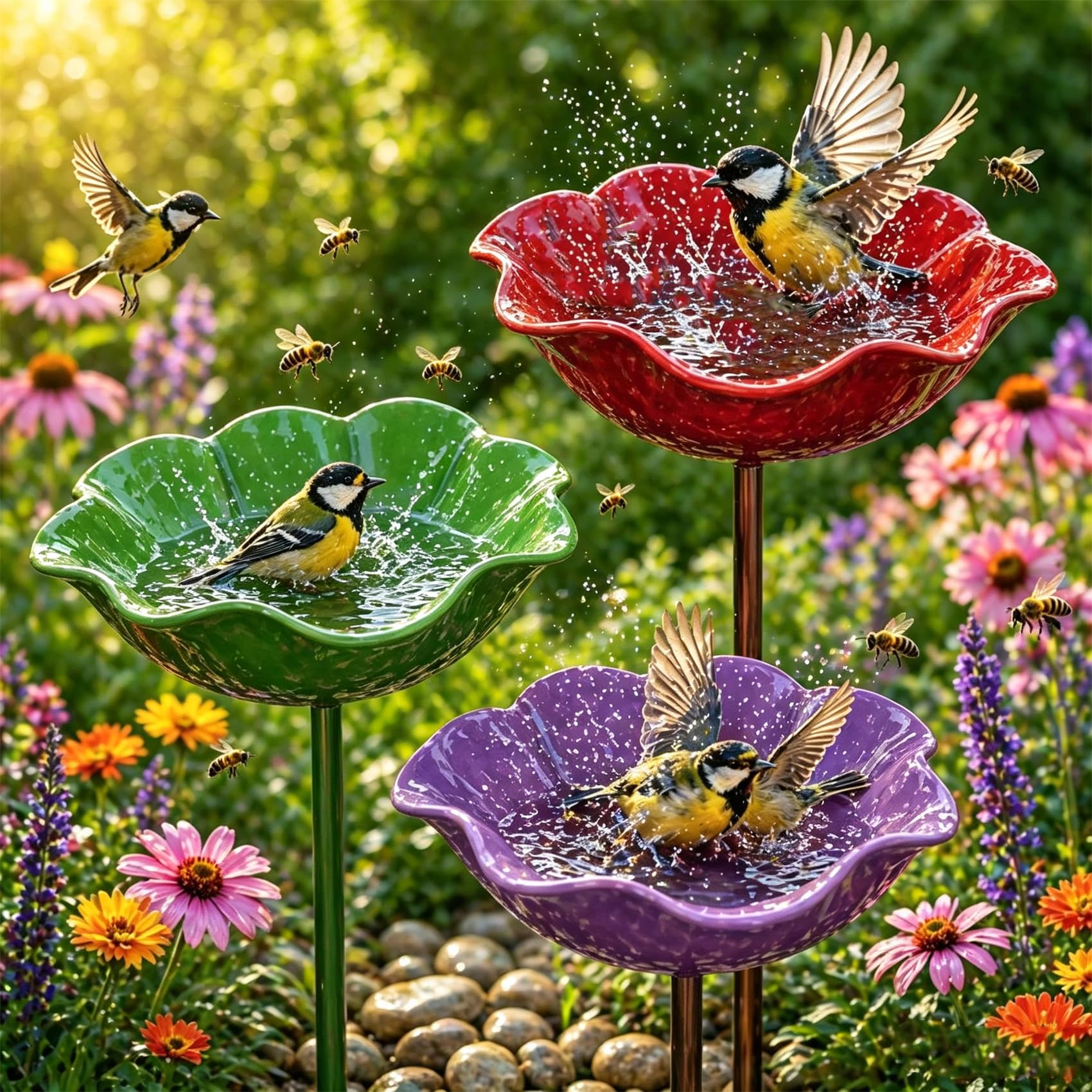 Blumen Gartenstecker VogelträNke, 3/4 Stück Handgefertigter Gartenstecker Aus Metall Als Bienentränke & Vogelbad, Bienentränken Blume für Den Garten (3 Stück-B)