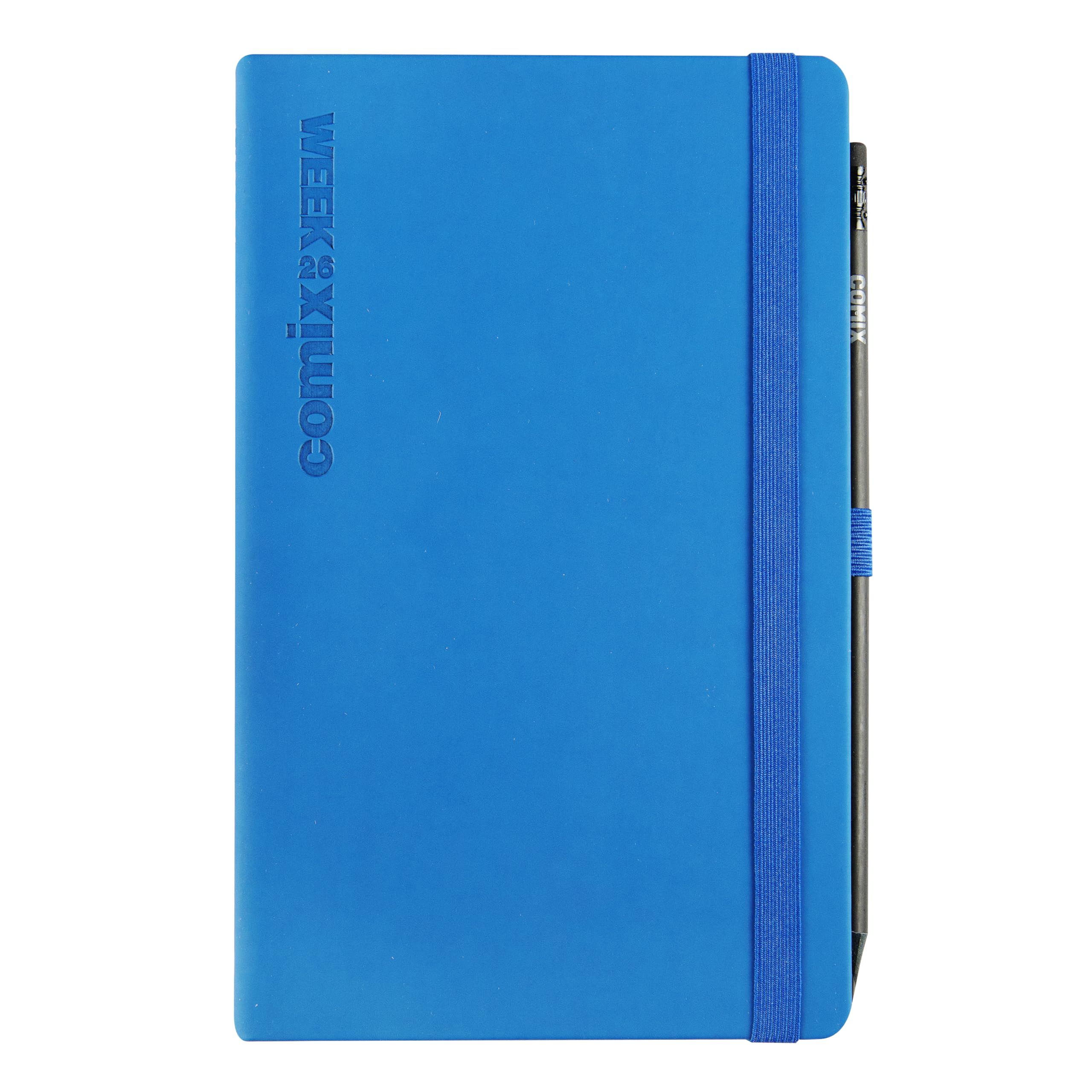 COMIX, Large 2026 Weekly Diary 12 Months, Elastic Closure and Elastic Loop for Pencil or Pen, COMIX Pencil Included, Double Bookmark - cm 13x21h, Blue
