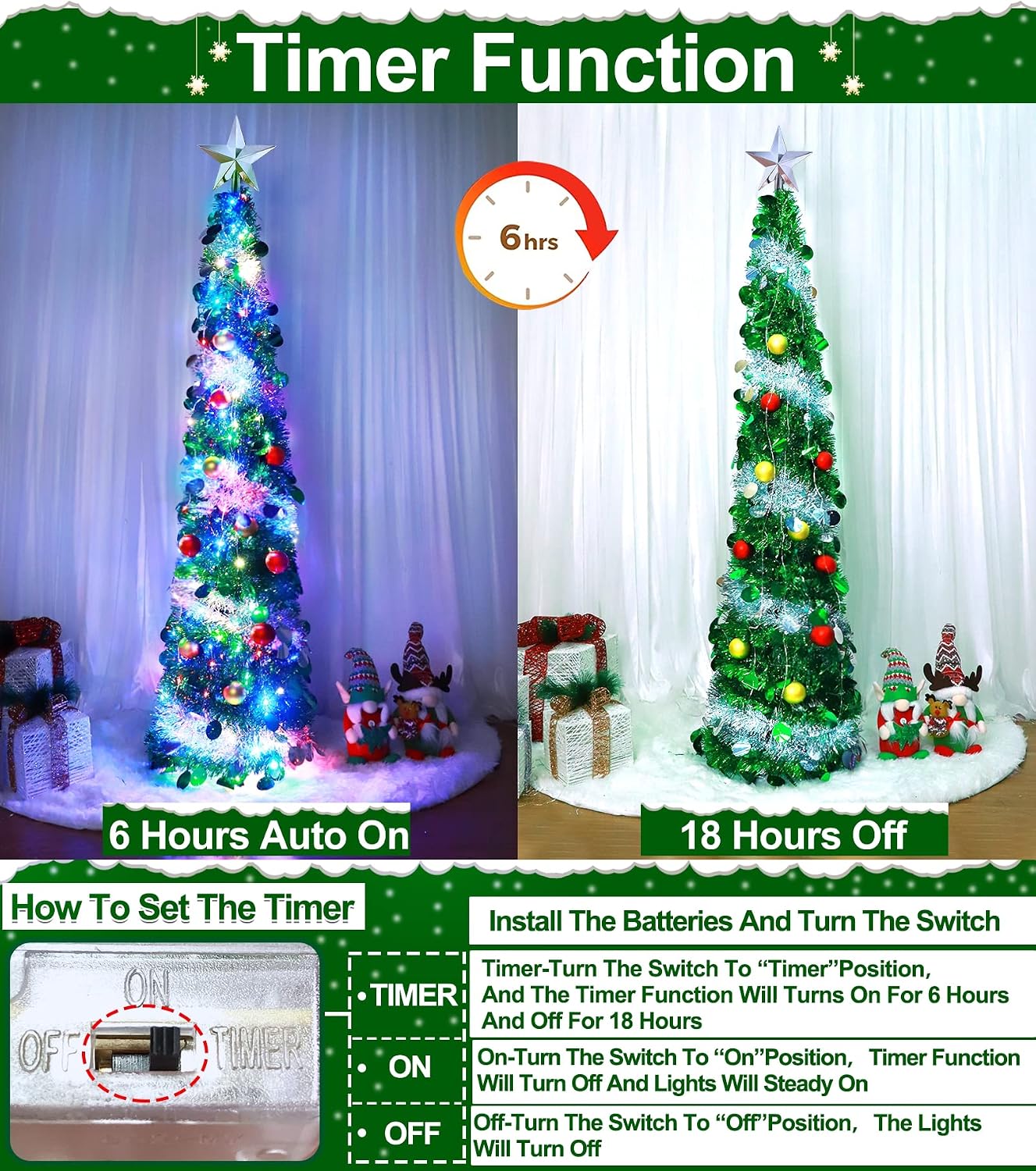 TURNMEON 5 Ft Tinsel St. Patrick's Day Christmas Tree with Timer Ball Ornaments 50 Color Light 3D Star, Pop up Christmas Tree Battery Operated Sequin Holiday Xmas Decoration Indoor Home Party Supplies