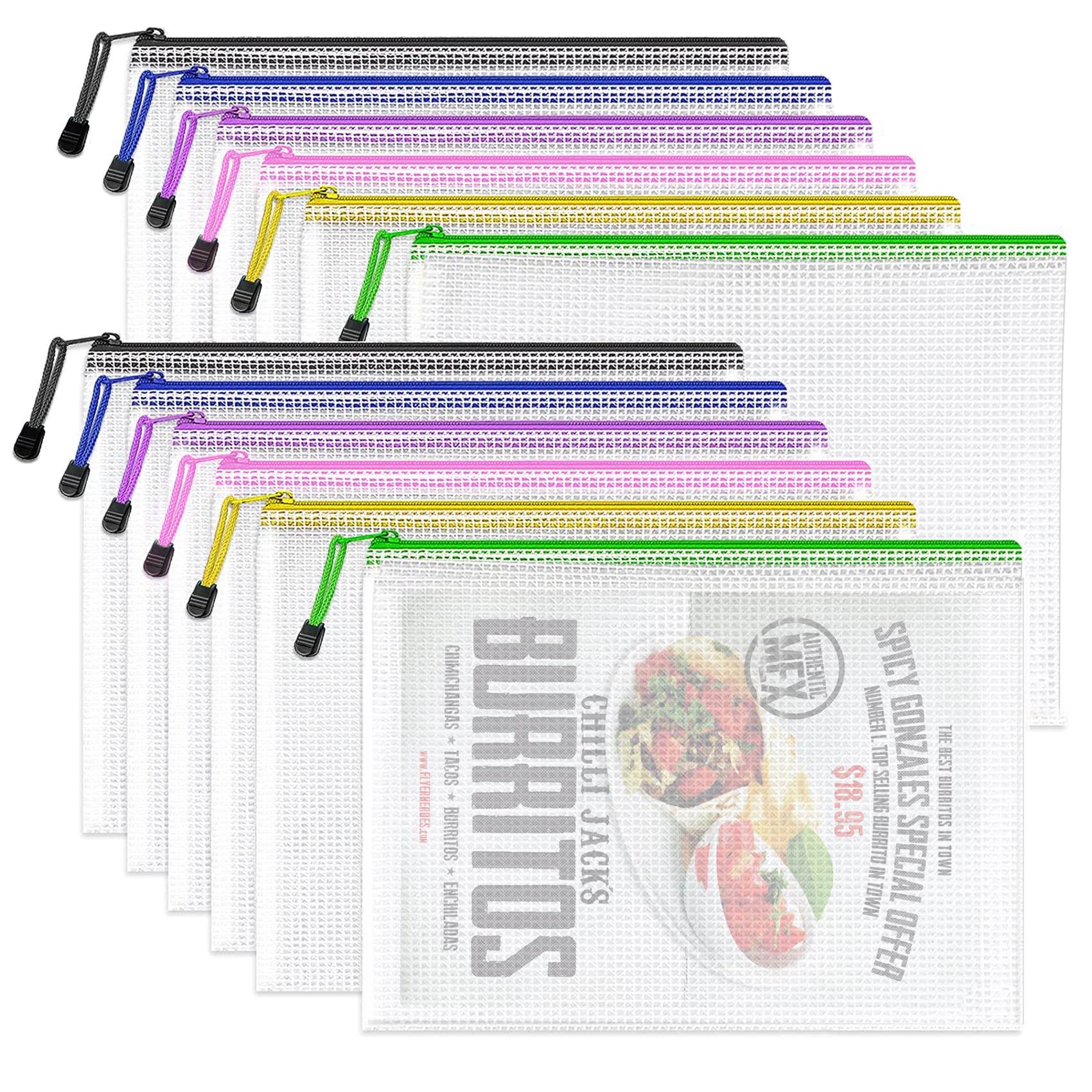 SENLINYA A3 Zip Plastic Wallets, 12 PCS Waterproof Ziplock Bags, Mesh Zipper File Folders for School Office Supplies, Homework, Receipts, Cosmetics, and Travel Accessories