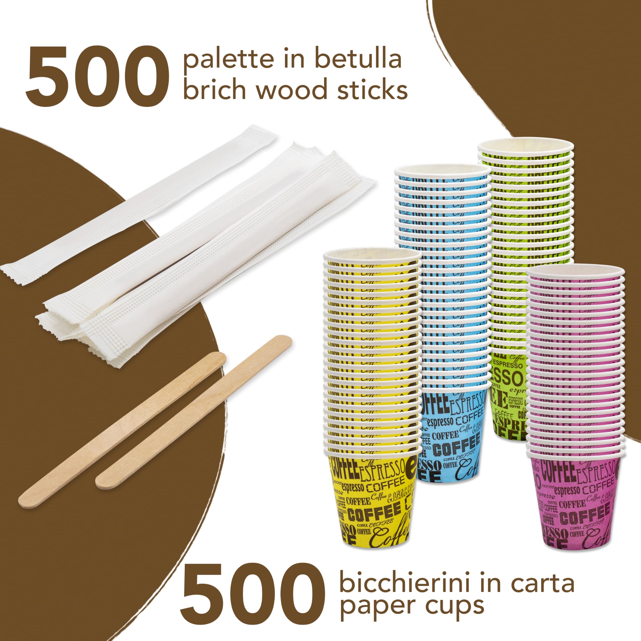 Set 500 Bicchierini Caffè + 500 Palette - Bicchieri 75 ml 2,5 oz in Carta Colorati e Palettine Usa e Getta Riciclabili, per Ristoranti, Ufficio, Asporto, Bar, Espresso
