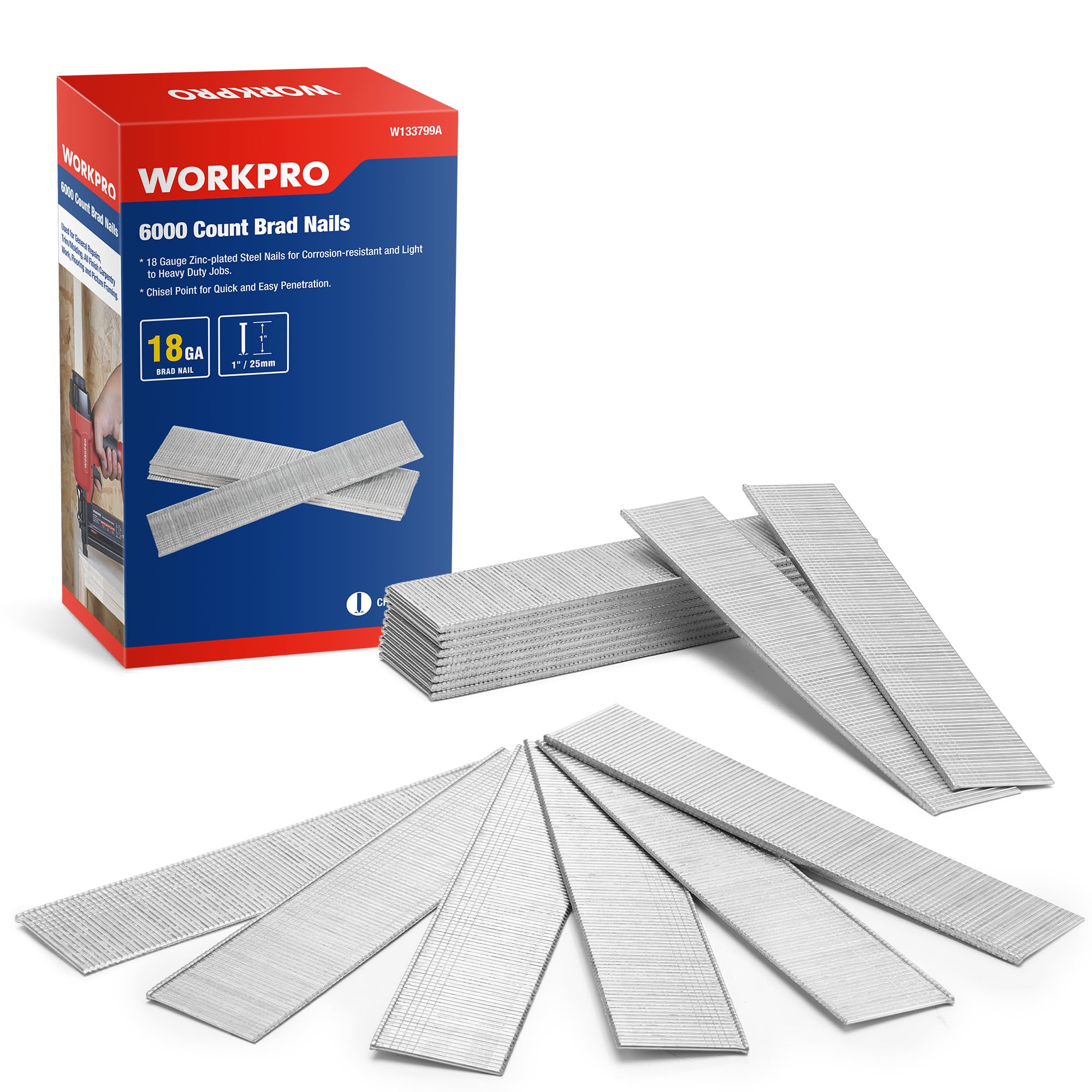 WORKPRO 1'' 18 Gauge Brad Nails, 6000 Count Finishing Nails, Universal Brad Nail Gun Nails for Pneumatic & Electric Brad Nailers