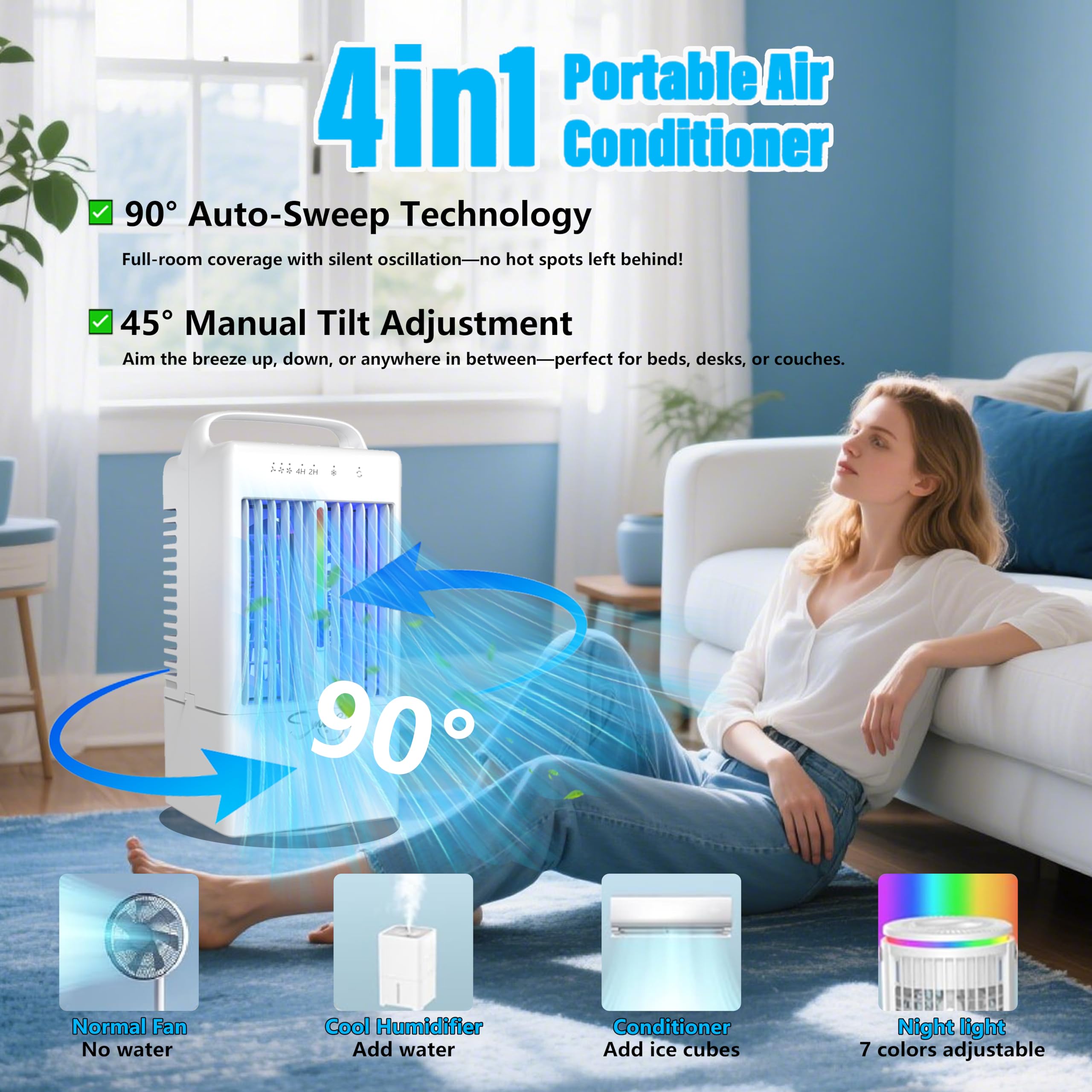 Photo 1 of SMLEGFT Portable Air Conditioner - 90° Auto Swing, 900ml Tank, 7-Color Light