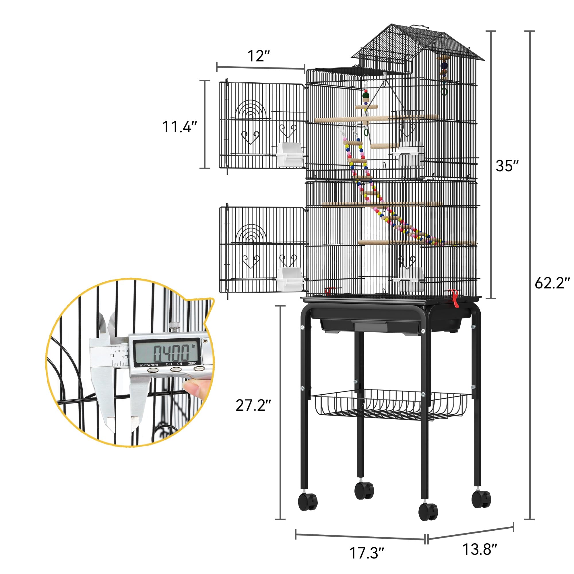 DWVO 62-inch Metal Bird Cage: Bird Cage Spacious for Cockatiels, Parrots, Pigeons, Lovebirds, Features Roof Access and Rolling Stand Black - image 2