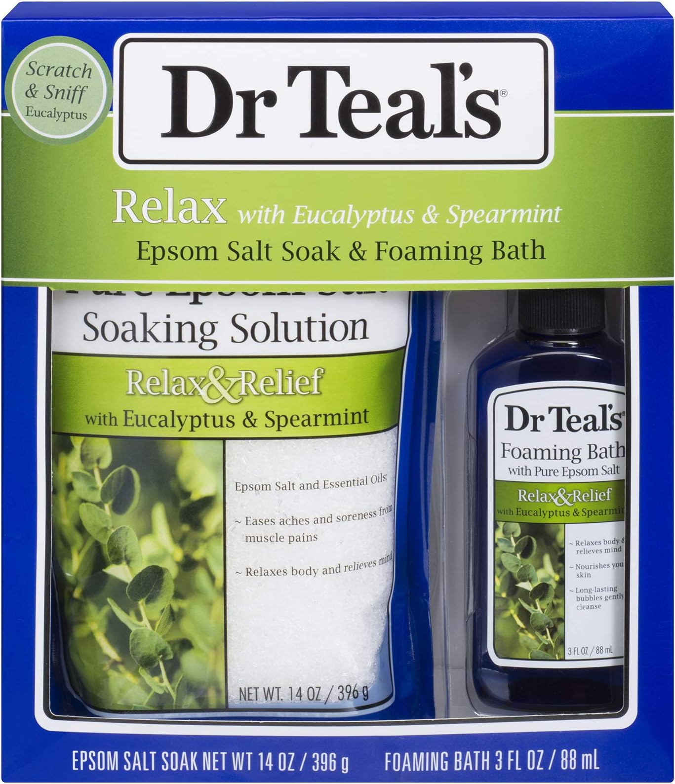 Relax with Eucalyptus & Spearmint Epsom Salt Soak & Foaming Bath 2-Piece Travel Gift Set