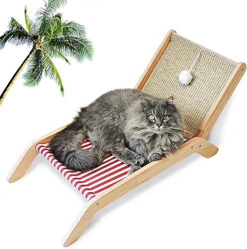 PETKARAY Silla de playa para gatos, camas elevadas para gatos de interior, tumbona original acogedora para gatos con rascador de sisal y pelota de