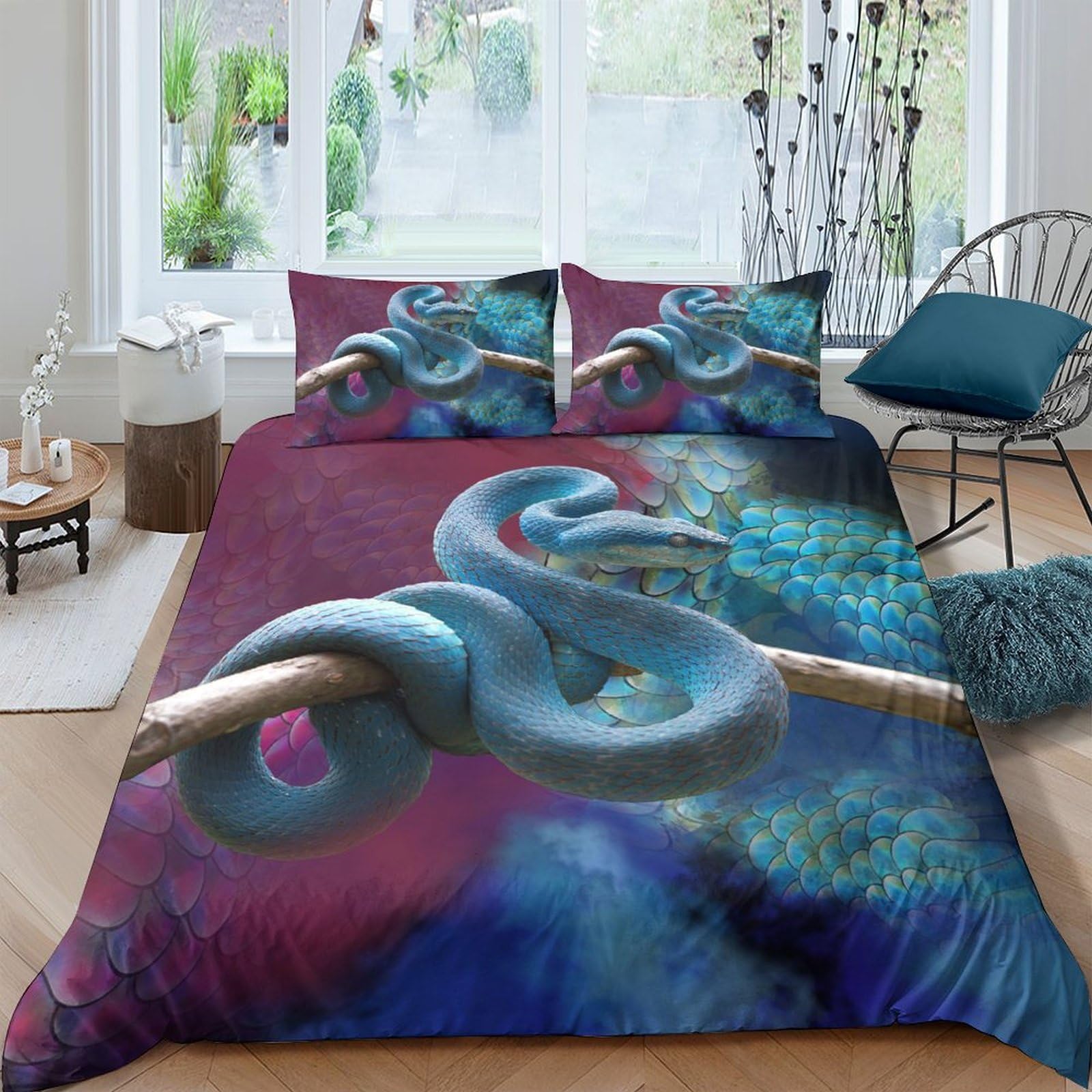 Ctjqhvkz Style-2 3D Printed Blue Snake Fitted Sheet Microfiber Artistic Jungle Forest Bed Cover For Bedroom Dorm Mattress Protection Decor Single（135X200cm）