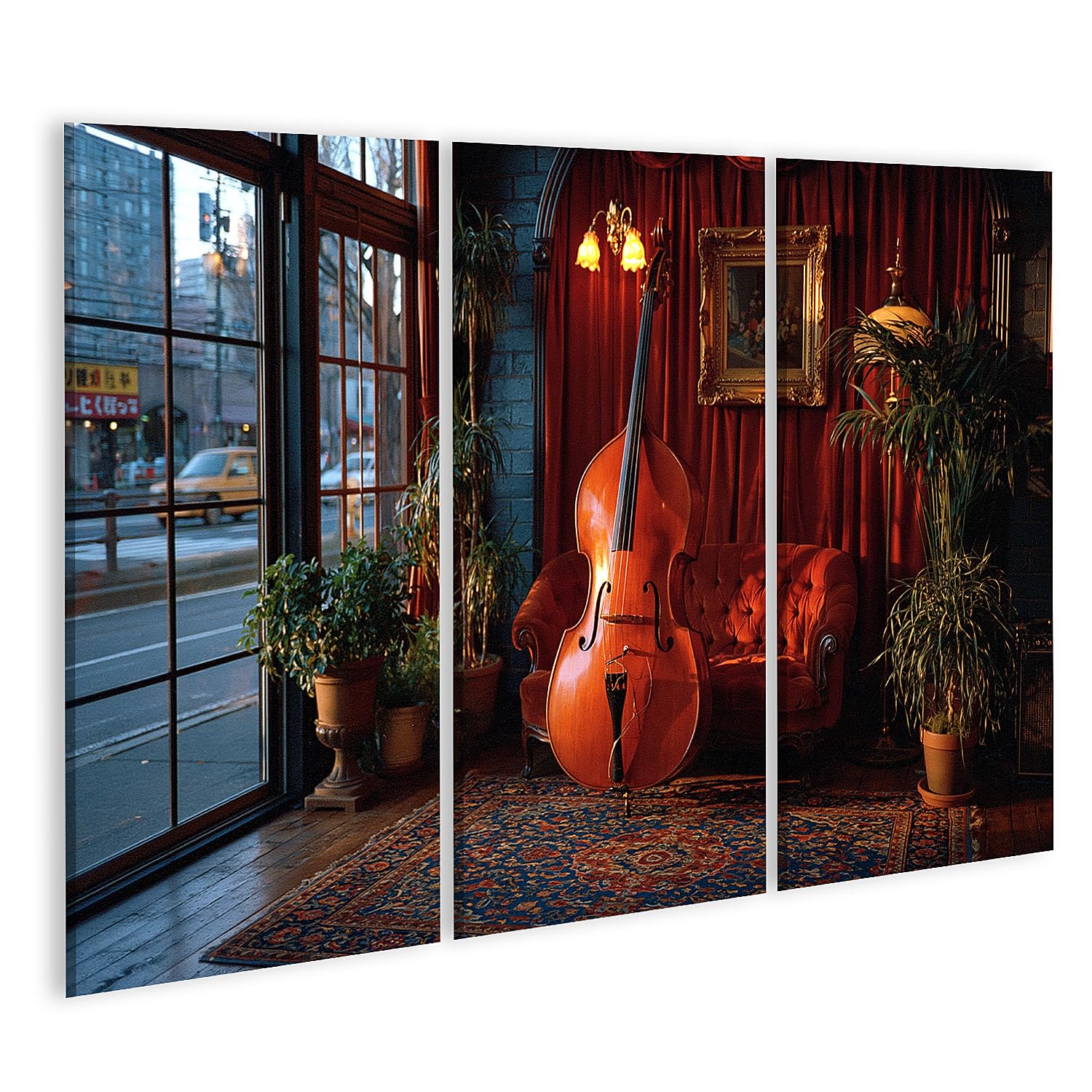 islandburner Cuadro sobre lienzo elegante de contrabajo impresión de salón para amantes de la música – 3 piezas