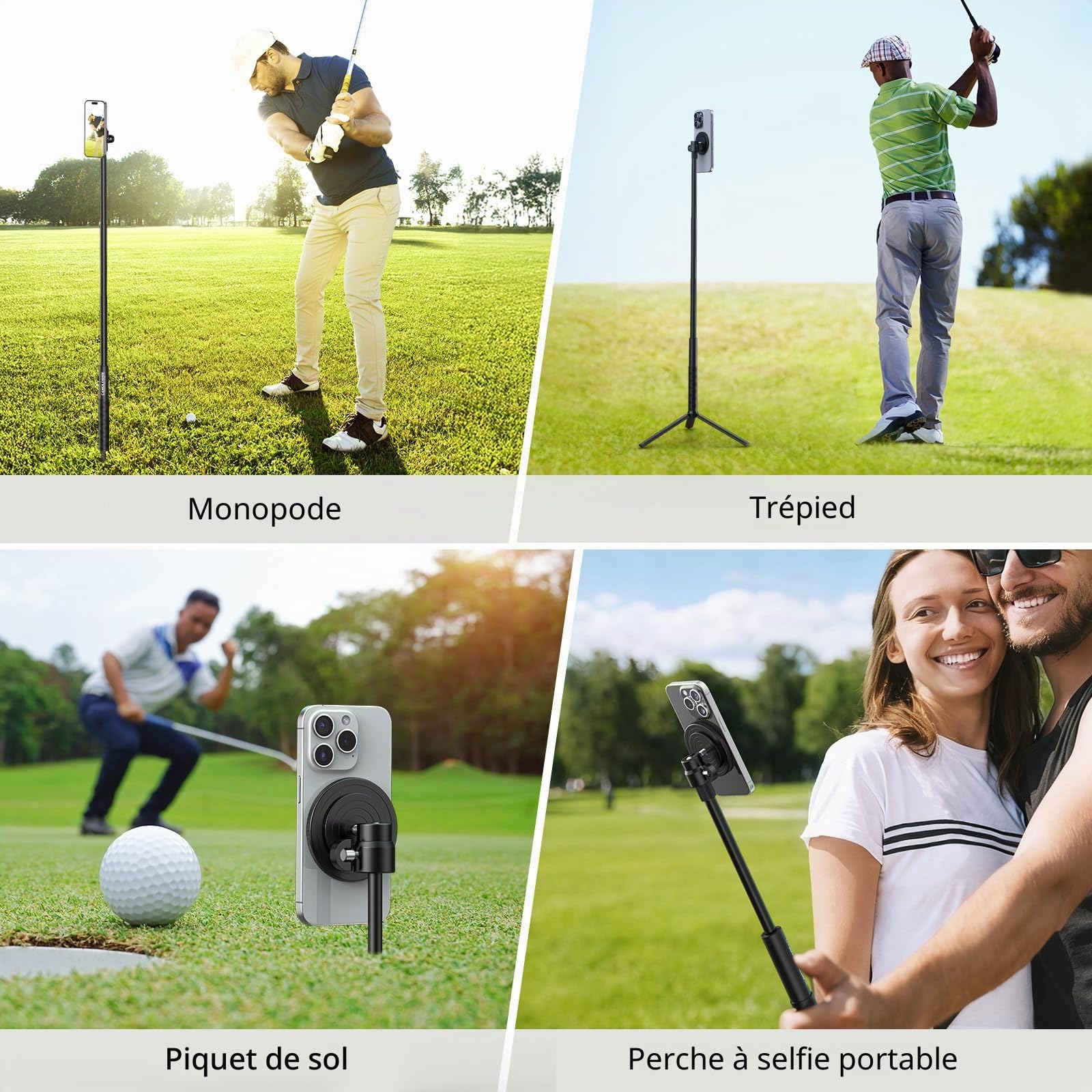 CAMOLOGEEK Monopode et trépied Perche à selfie pour enregistrer le golf Swing Entraînement Aide à l'entraînement avec piquet de terre et adaptateur pour GoPro et vis 6,35 mm, support magnétique de