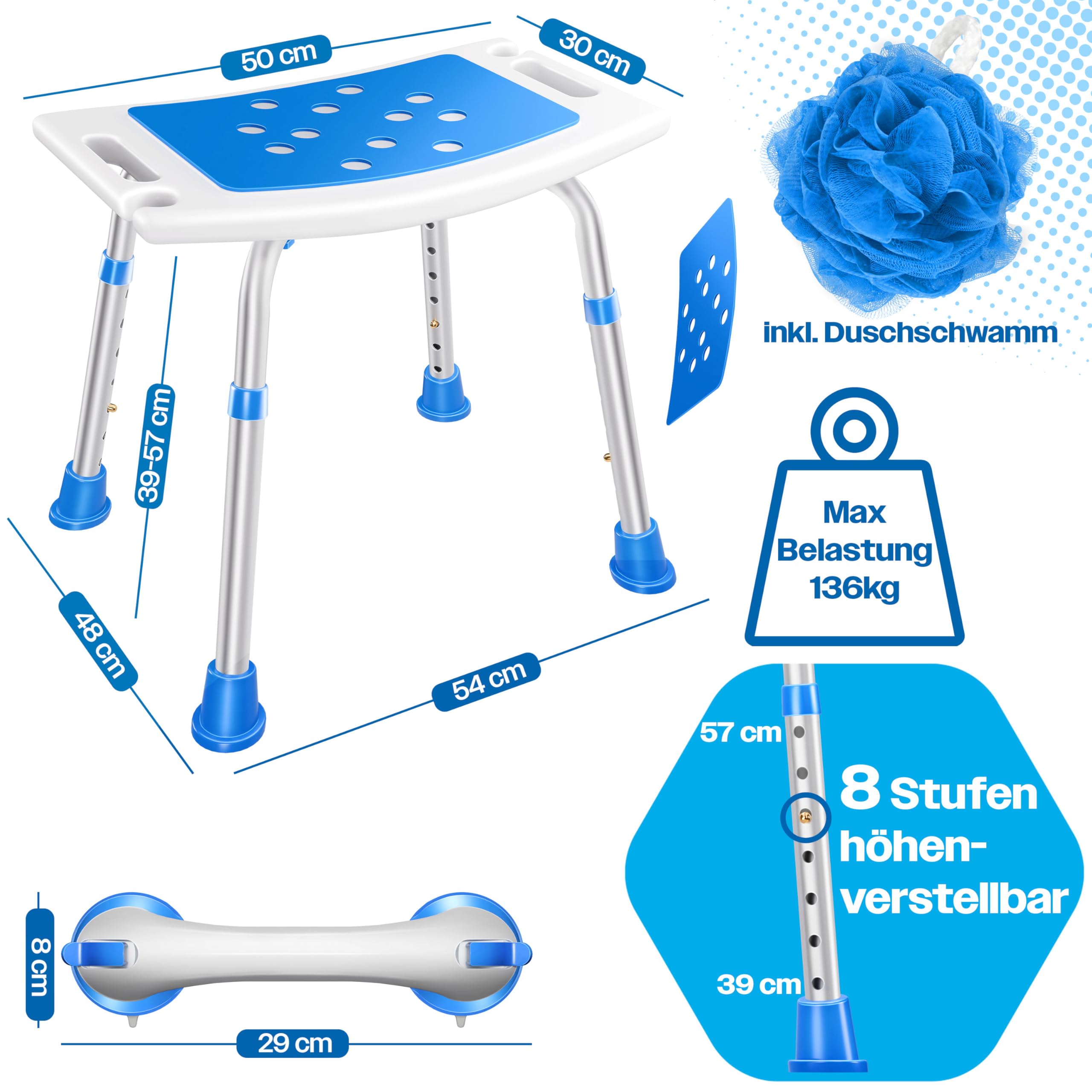 KESSER Sgabello da doccia regolabile in altezza, leggero, piedini in gomma antiscivolo, portata massima di 136 kg, supporto doccia per anziani, maniglia per vasca da bagno, sedile doccia
