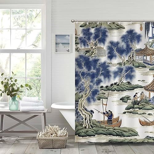 Miniatura 4 de Cortina de ducha azul y verde chinoiserie de pinos chinos, tela de pabellón chino, forro de cortina de ducha impermeable para decoración de bañeras