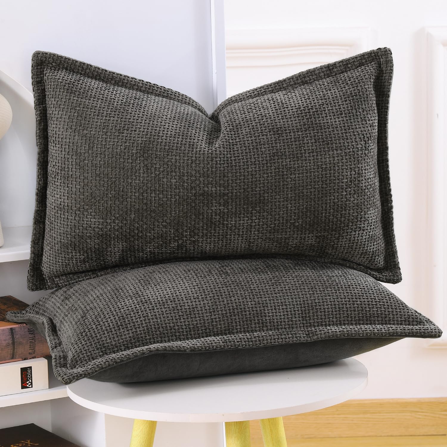 Madizz Set of 2 Chenille Velvet Cushion Covers with Flange Soft Boho Textured Throw Pillow Covers Broadside Pillowcases Modern Farmhouse Home Decor for Sofa Bedroom Dark Taupe 12x20 inch - Image 2