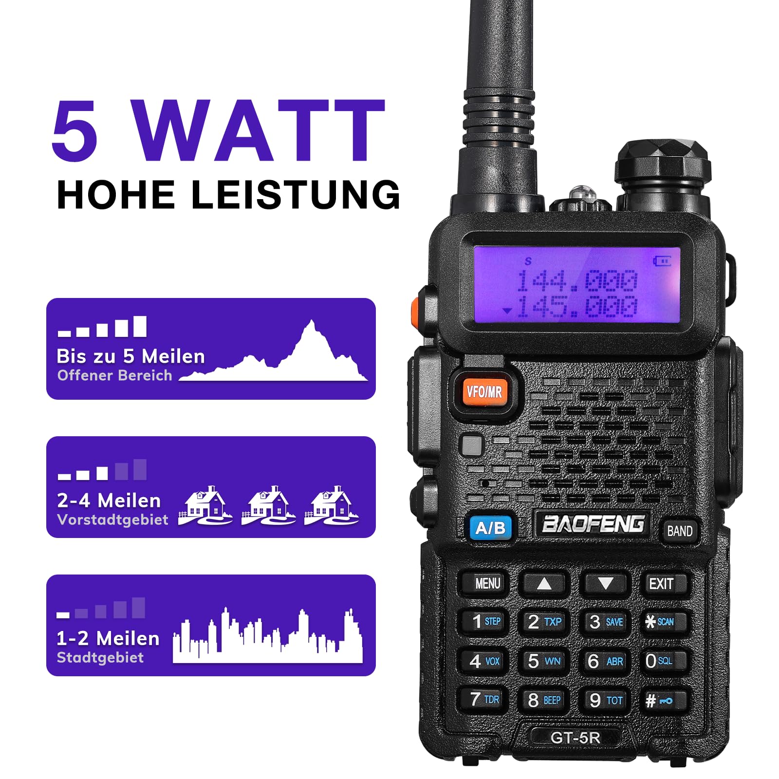 BAOFENG GT-5R Walkie Talkie, Dual Band Funkgerät für UHF VHF 144-146/430-440MHz, mit Speicher für 128 Kanäle, 1800 mAh Akku, Programmierkabel, Kopfhörer für Erwachsene, Wird von Chirp unterstützt