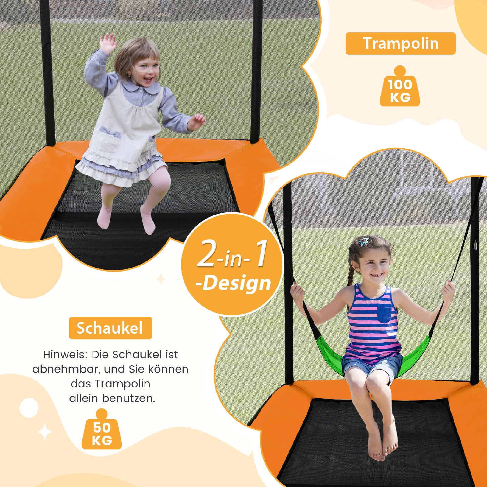 COSTWAY 2 in 1 Kindertrampolin mit Schaukel, Gartentrampolin rechteckig mit Sicherheitsnetz & Randabdeckung, Indoor-/Outdoortrampolin für Kinder bis 100kg Belastbar