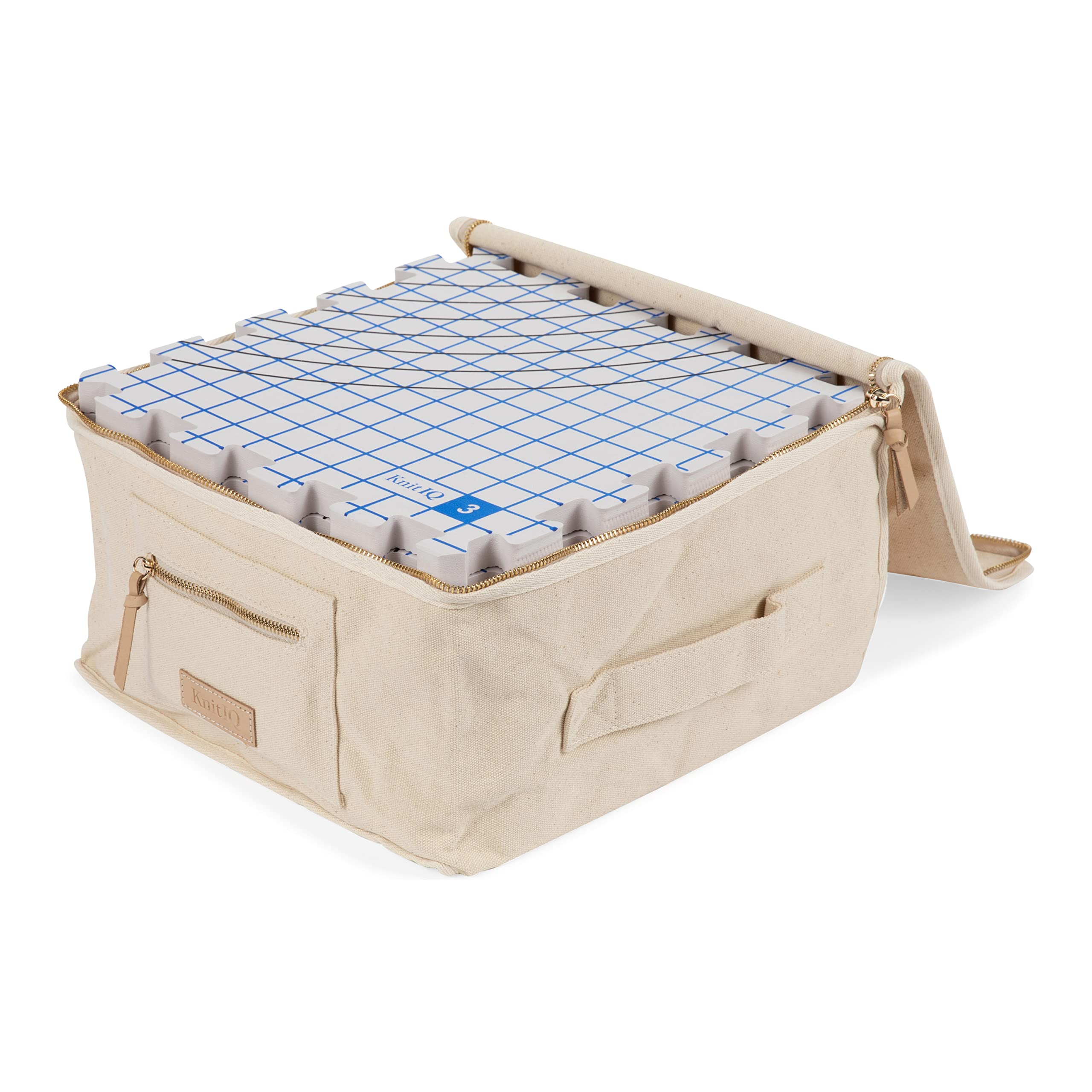 KnitIQ Pack of 9 Blocking Mats for Knitting - 0.75" Thick Interlocking Blocking Boards with Circular Gridlines -150 T-Pins in Artisan Tin and Storage Bag for Needlework or Crochet - Natural Design